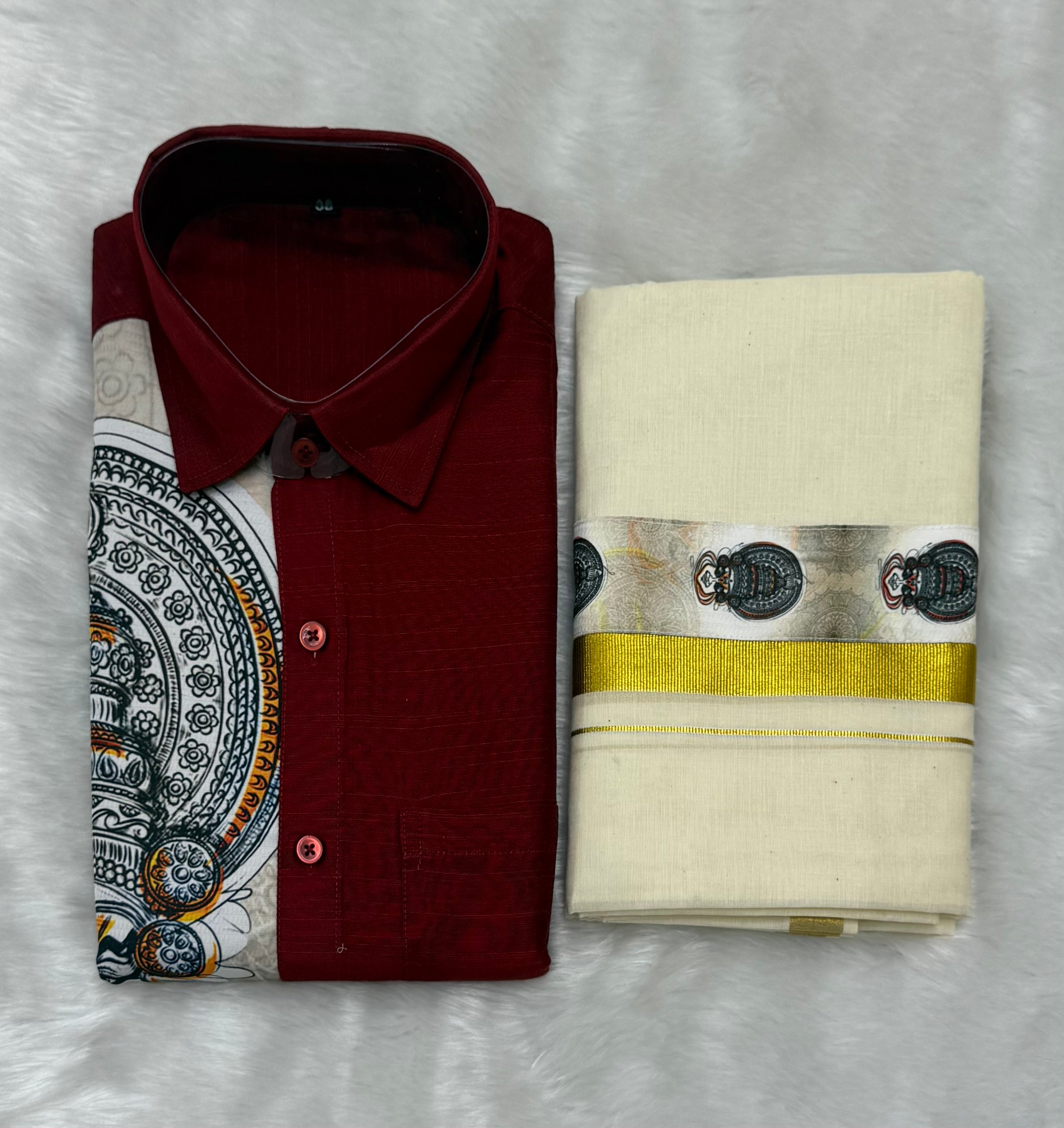 KADHAKALI HALF & HALF PRINTED SHIRT AND CREAM MUNDU COMBO - MAROON