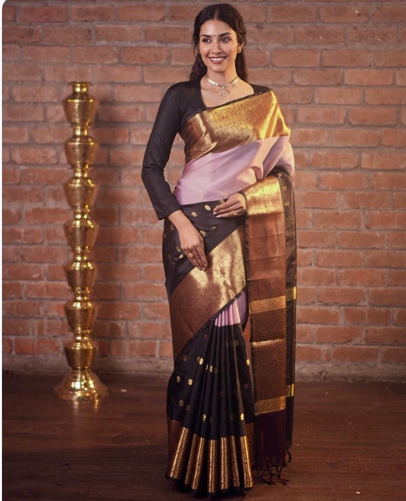 BANARASI TISSUE SAREE HALF& HALF DESIGN BUTTA - PINK & BLACK