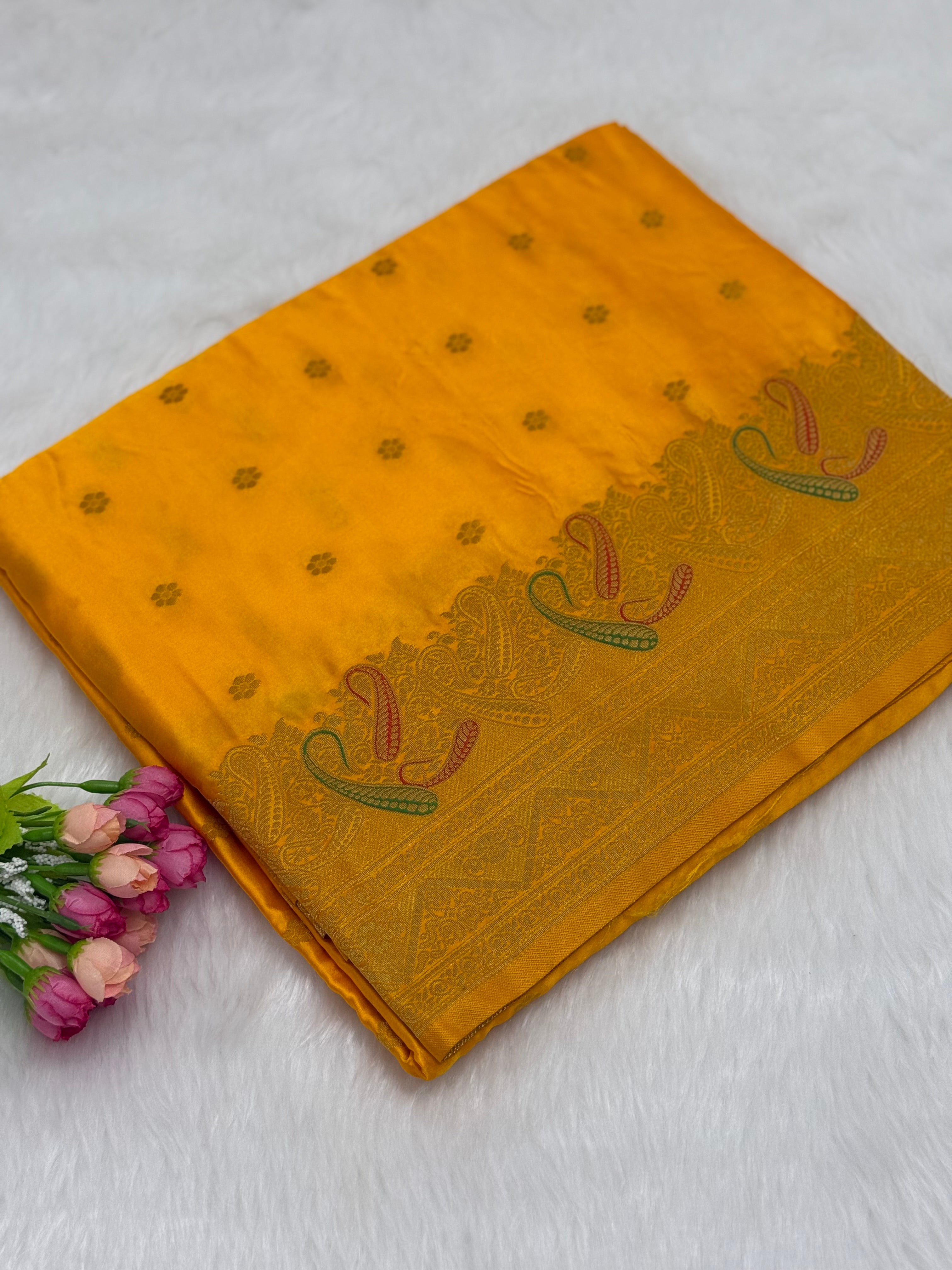 BANARASI MEENAKARI MASHRU SILK SAREE - MANGO YELLOW