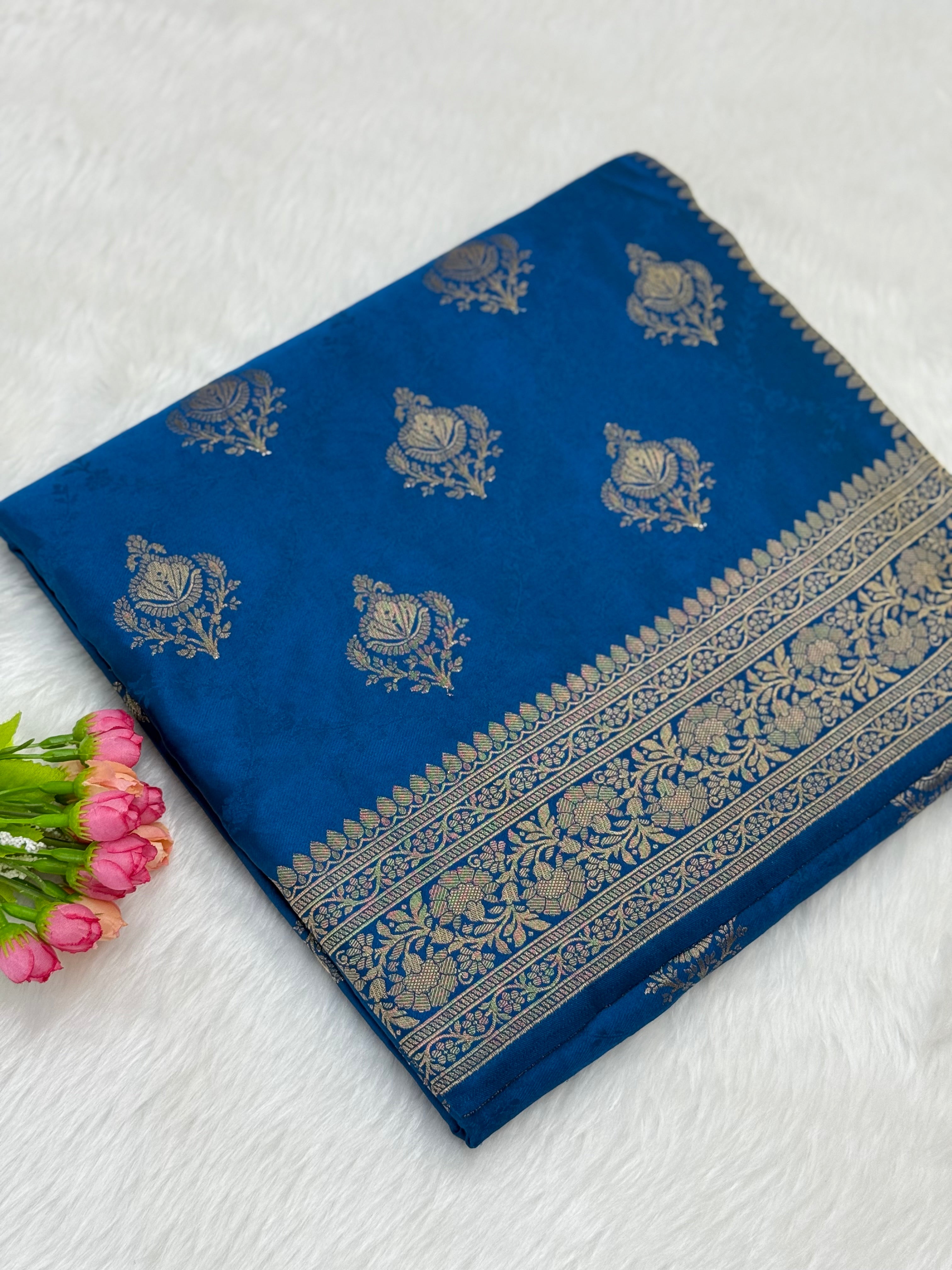 PREMIUM BANARASI MASHRU SILK SAREE - TEAL BLUE