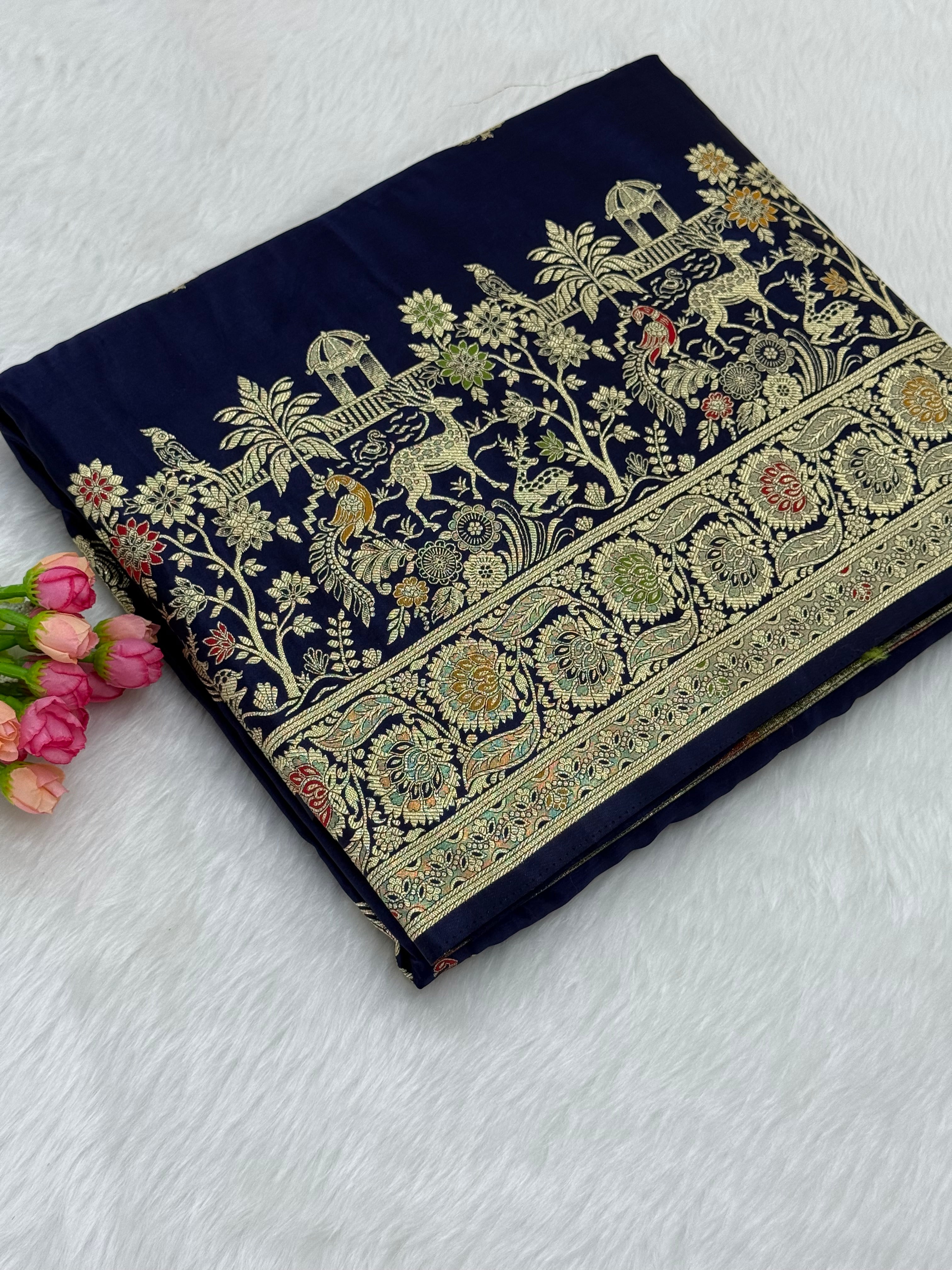 BANARASI MEENAKARI MASHRU SILK SAREE - NAVY BLUE