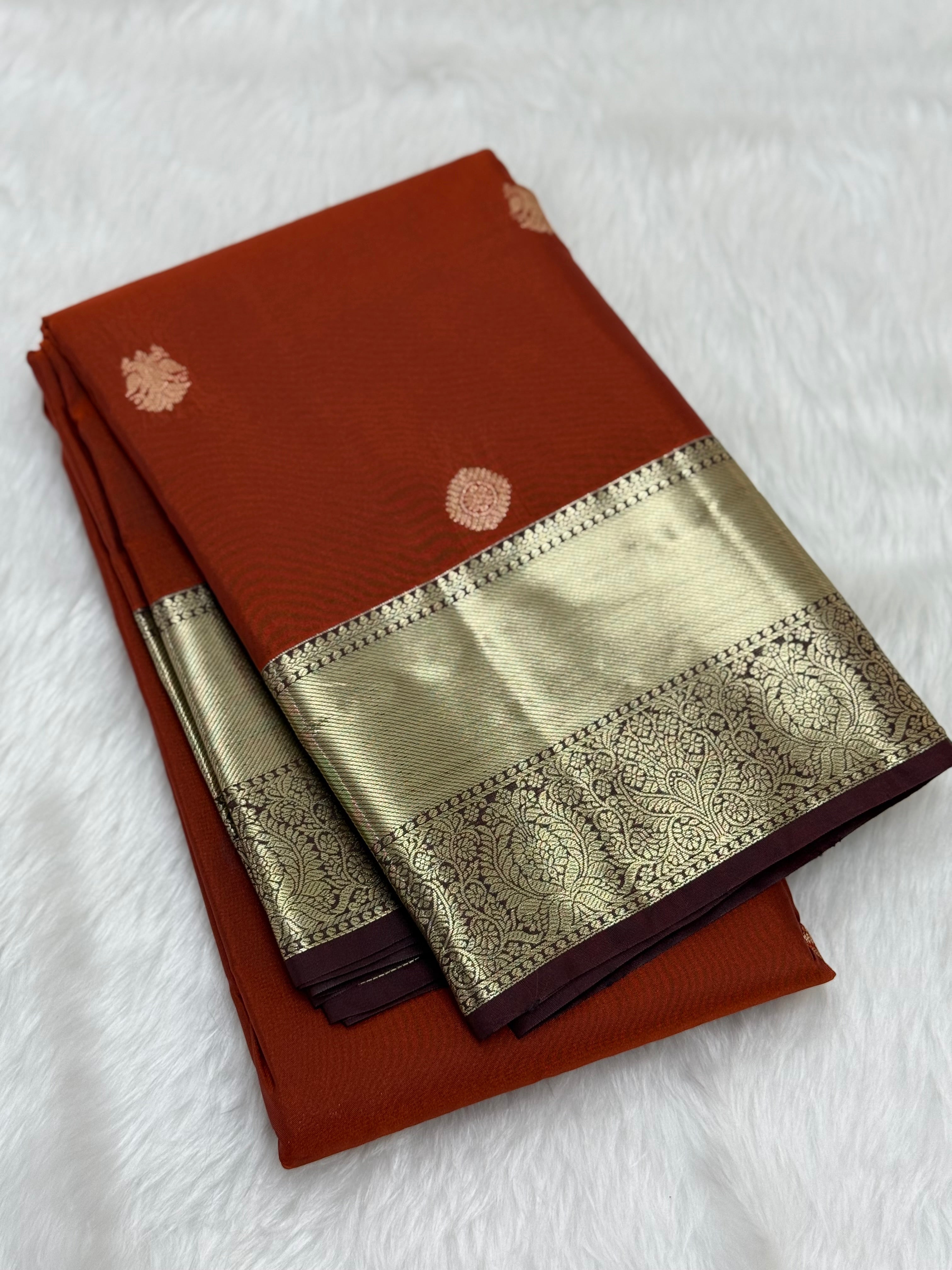 PREMIUM SEMI KANCHI SILK SAREE - RUST ORANGE