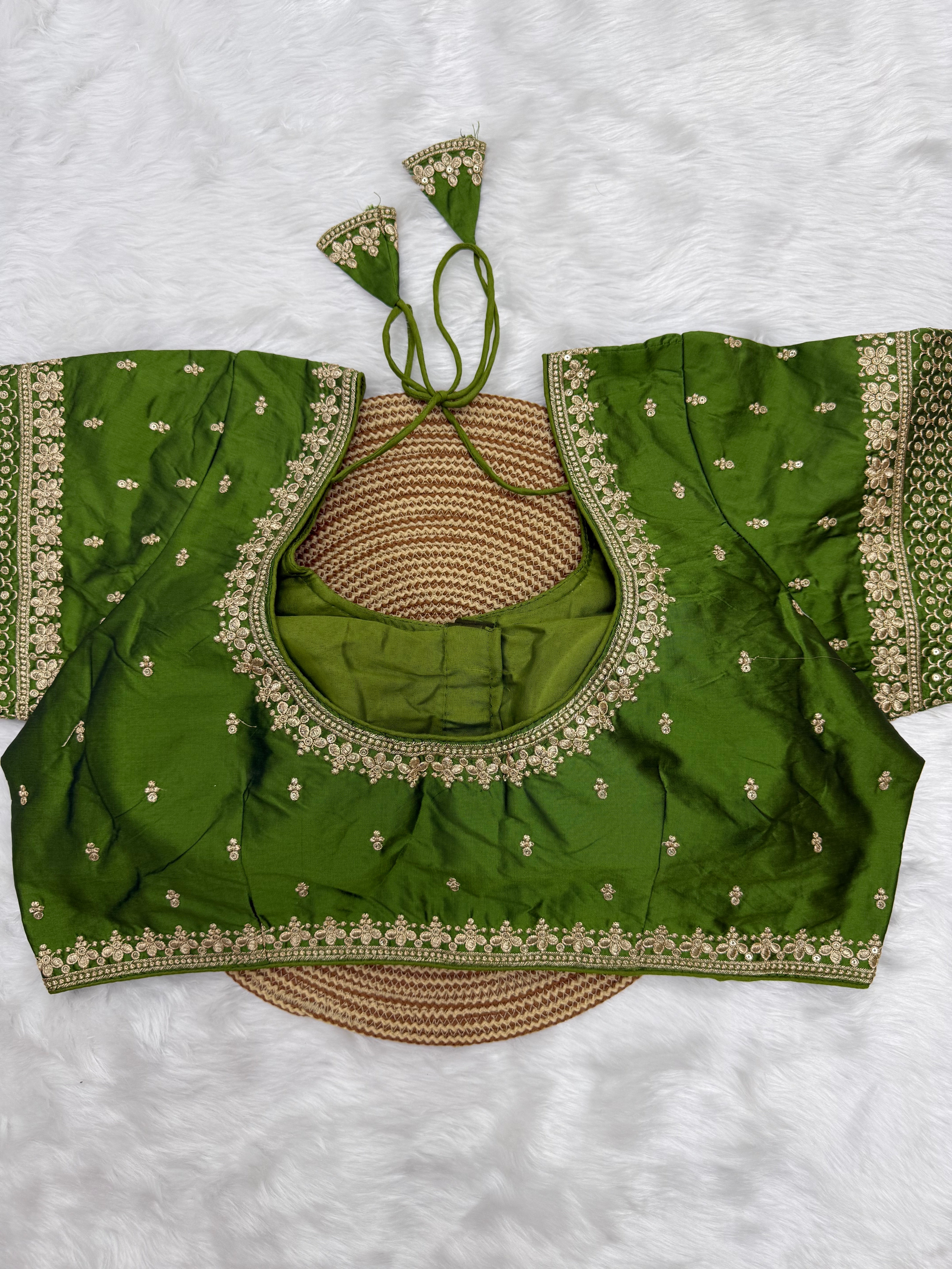 BRIDAL AARI WORK READY TO WEAR SAREE BLOUSE - SAP GREEN