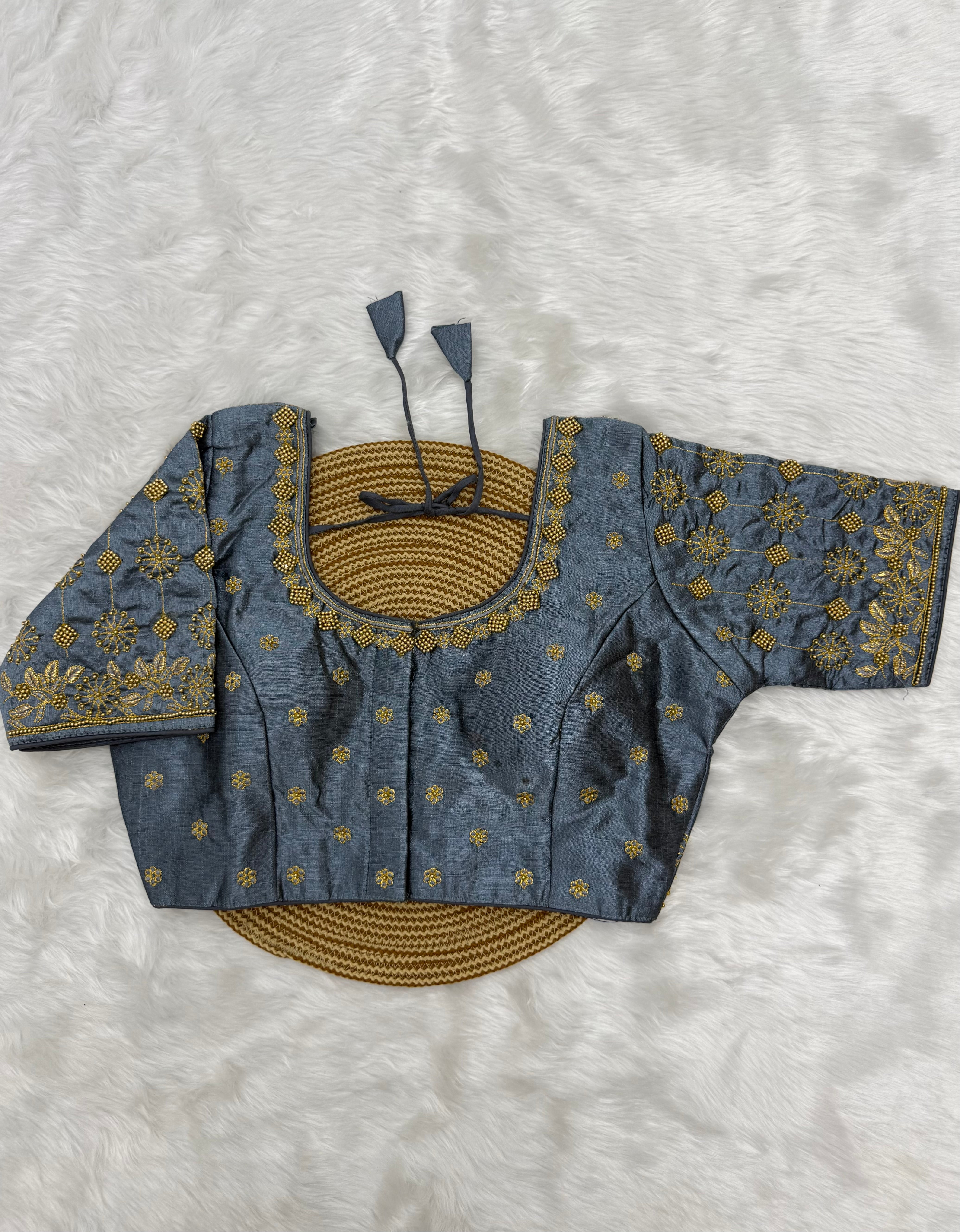 BRIDAL AARI WORK READY TO WEAR SAREE BLOUSE - GREY