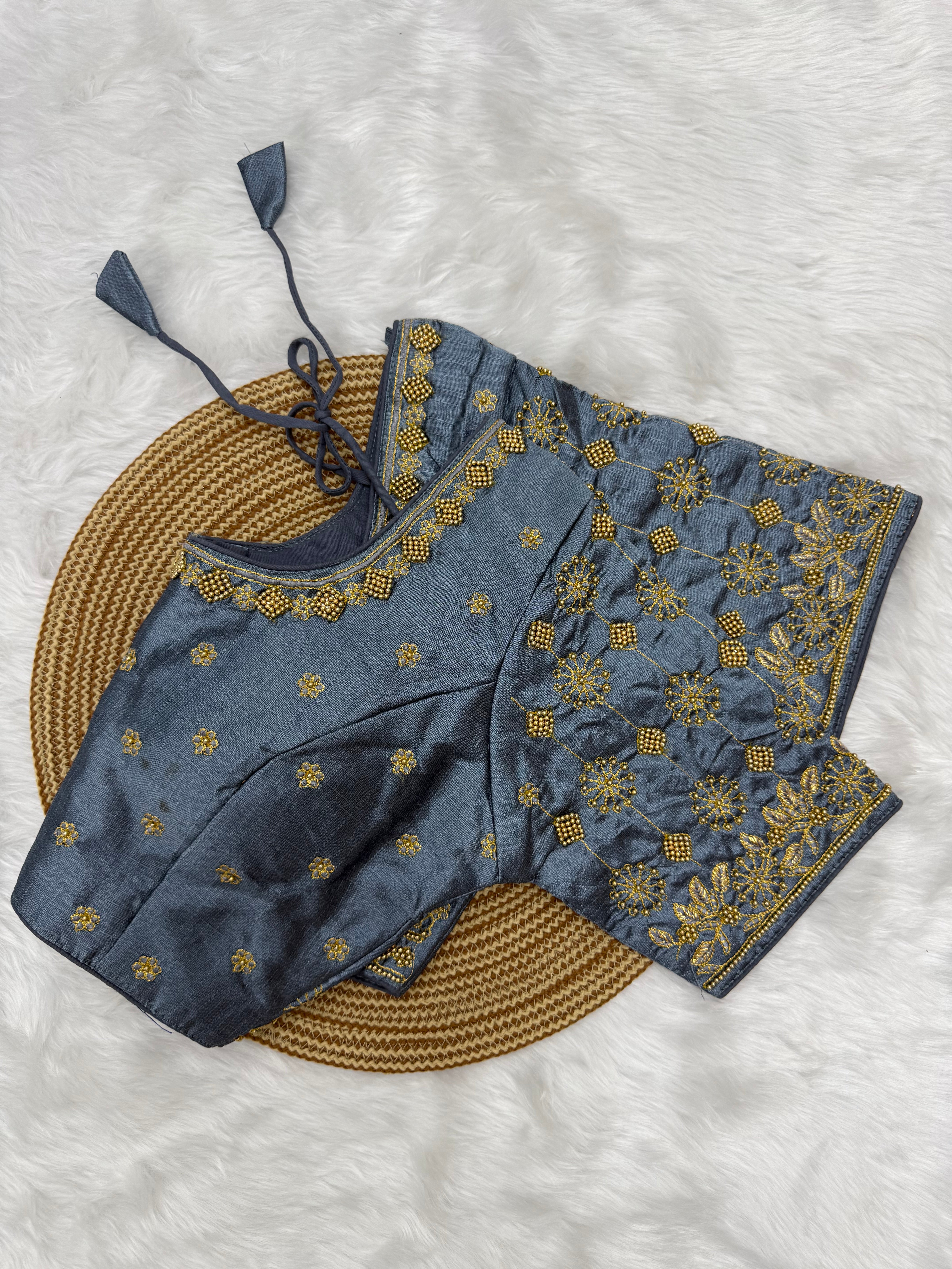 BRIDAL AARI WORK READY TO WEAR SAREE BLOUSE - GREY