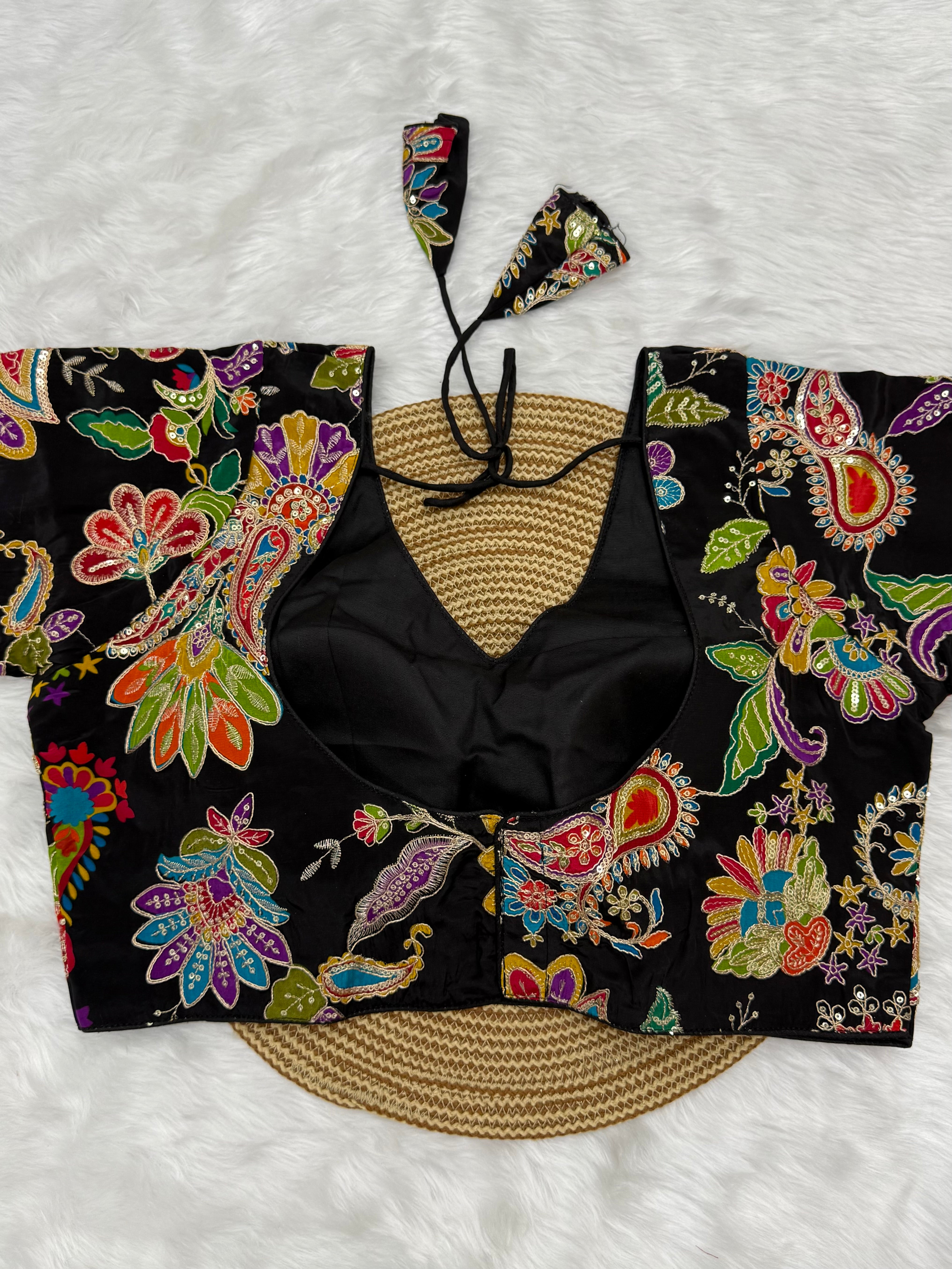DESIGNER EMBRO-SEQUIN WORK BLOUSE - BLACK