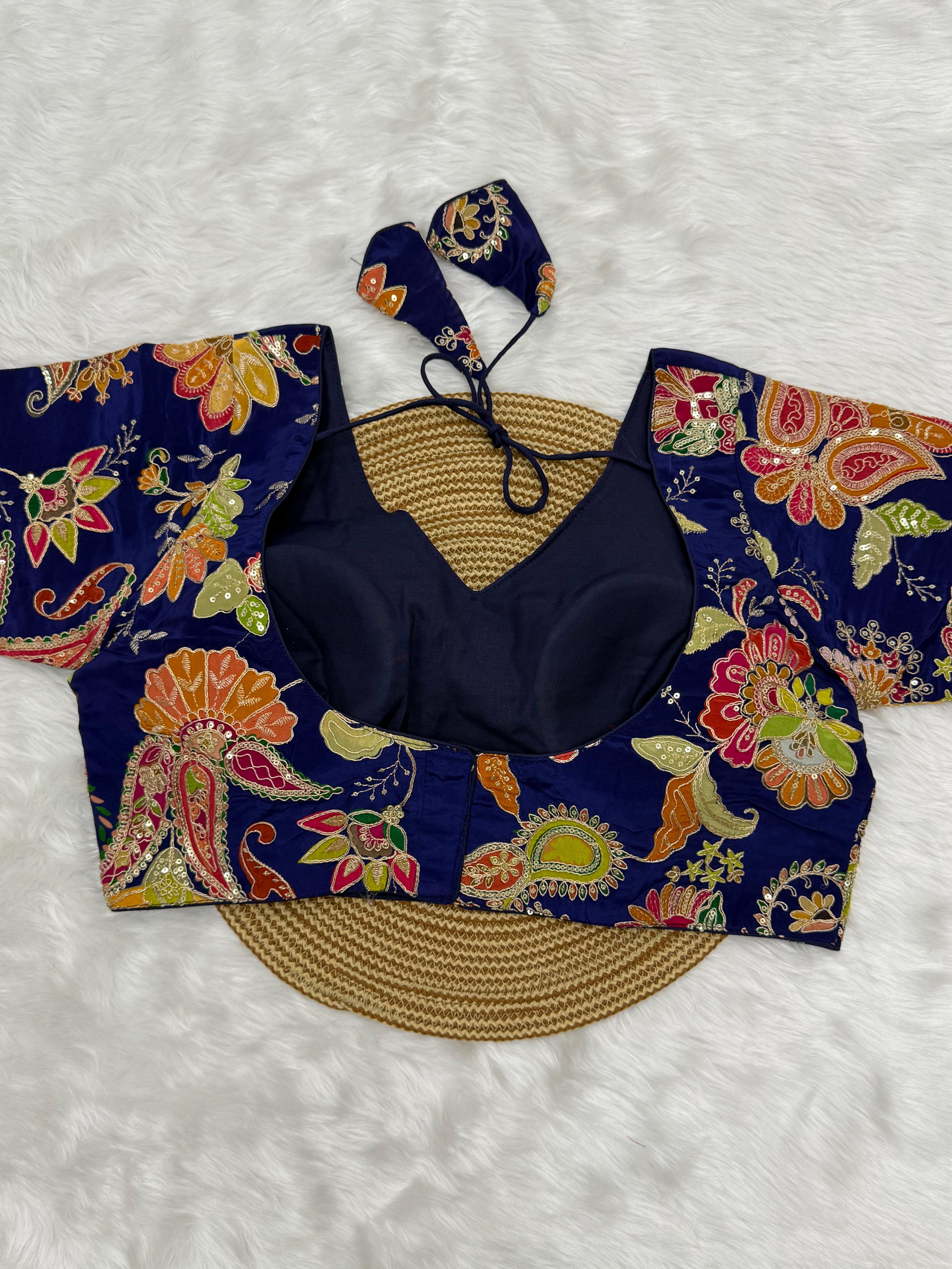 DESIGNER EMBRO-SEQUIN WORK BLOUSE - NAVY BLUE