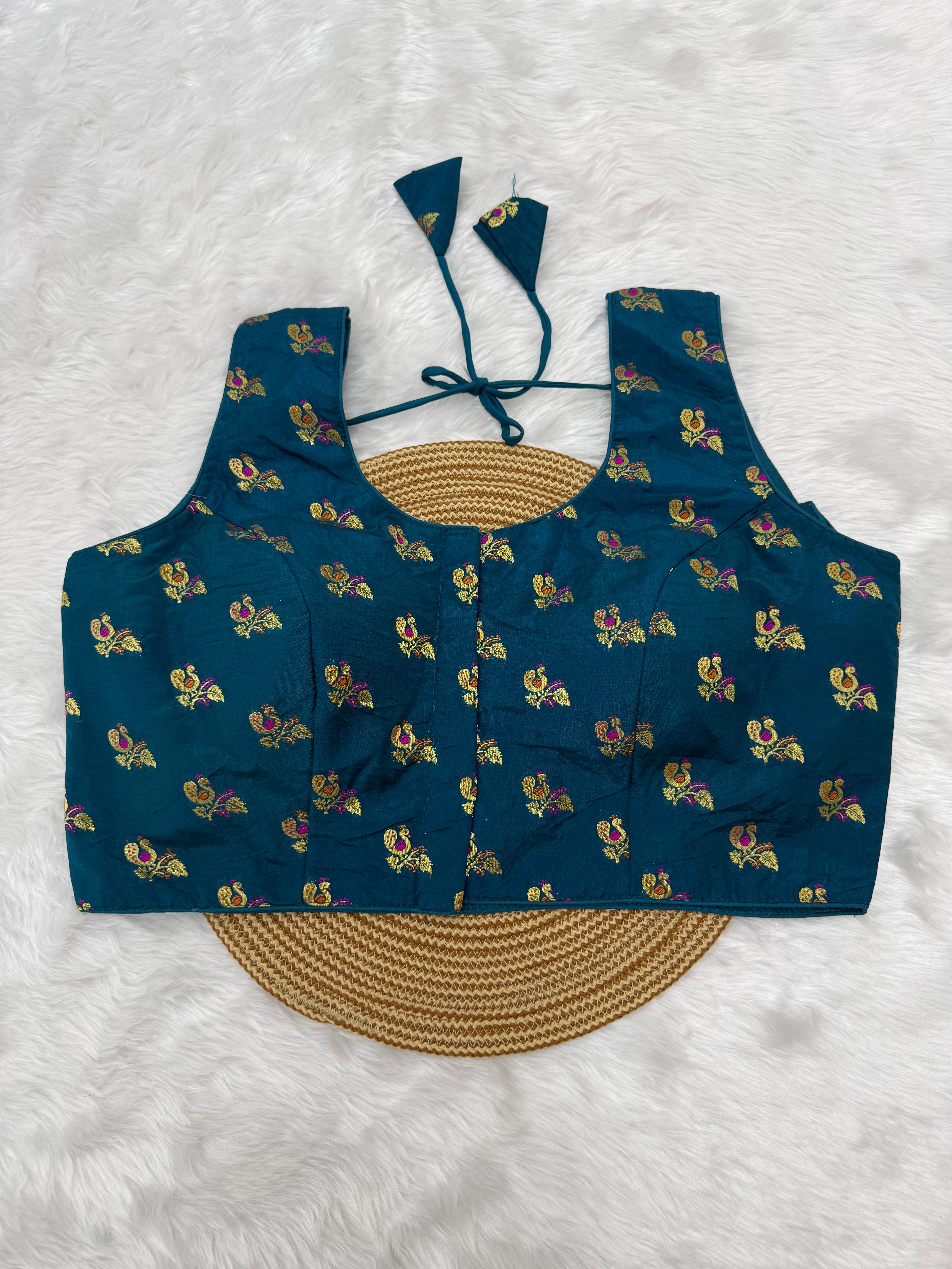 BANARASI BROCADE SLEEVELESS BLOUSE - TEAL