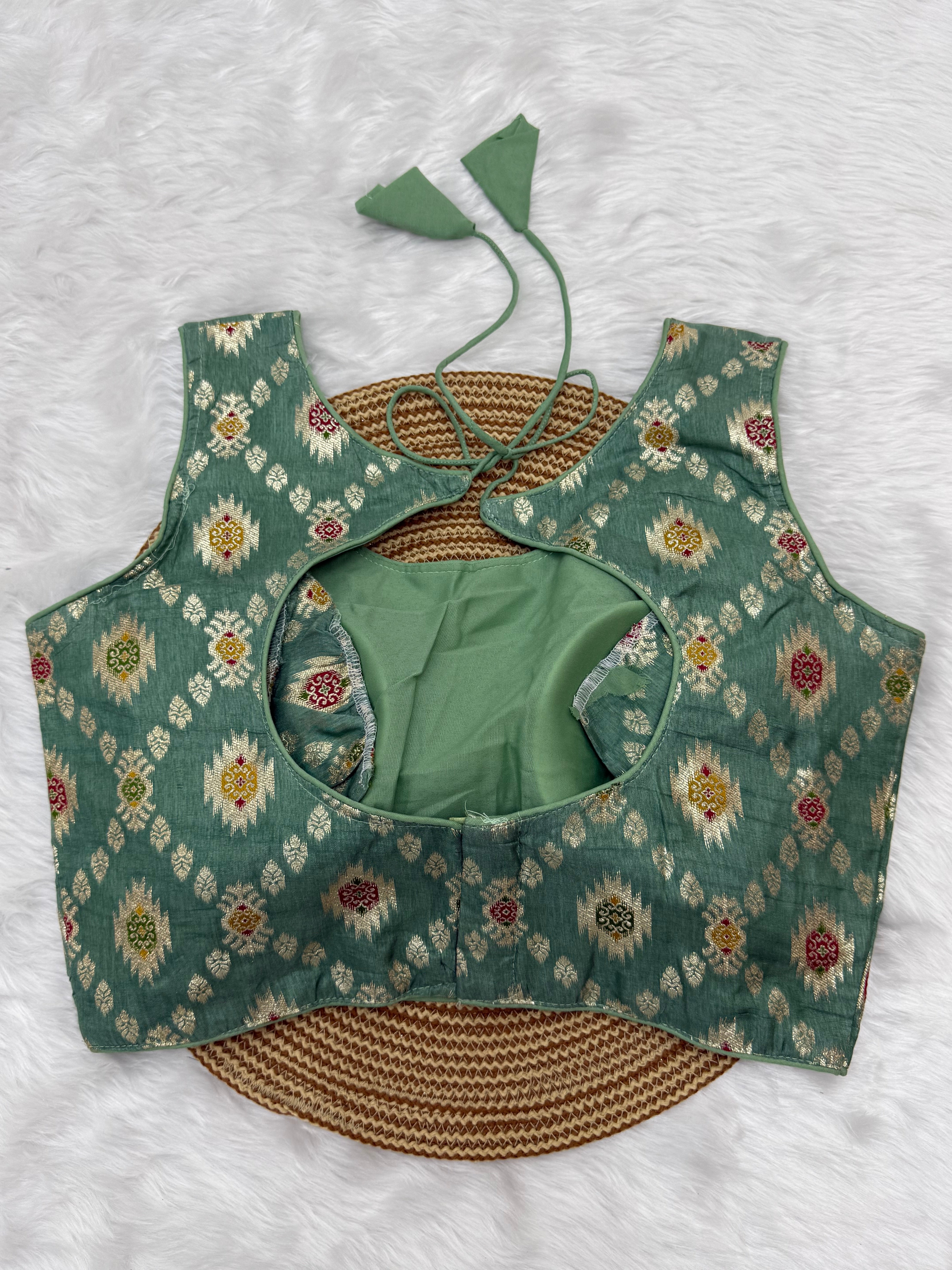 BANARASI BROCADE SLEEVELESS BLOUSE - ETON GREEN