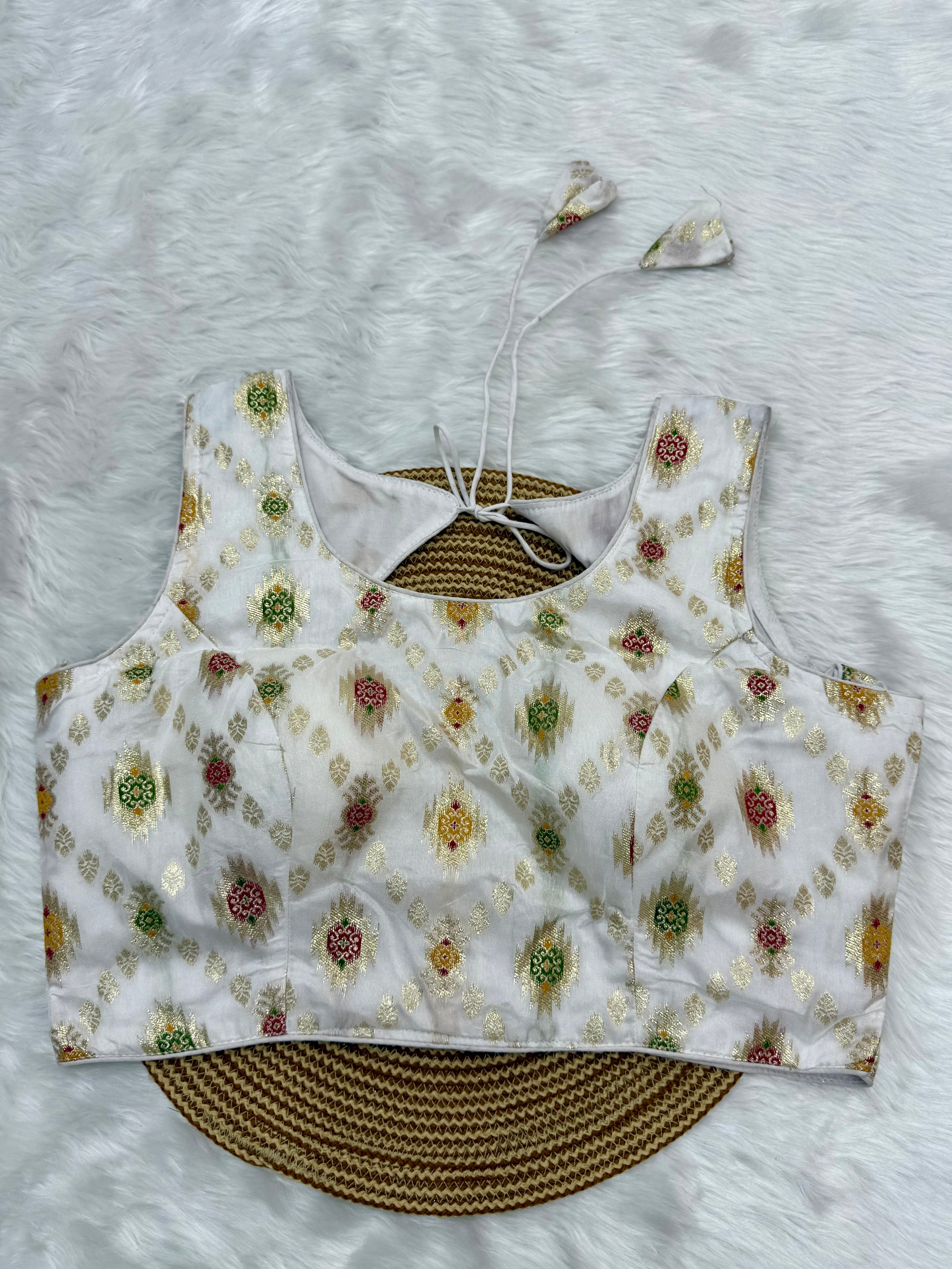 BANARASI BROCADE SLEEVELESS BLOUSE - WHITE