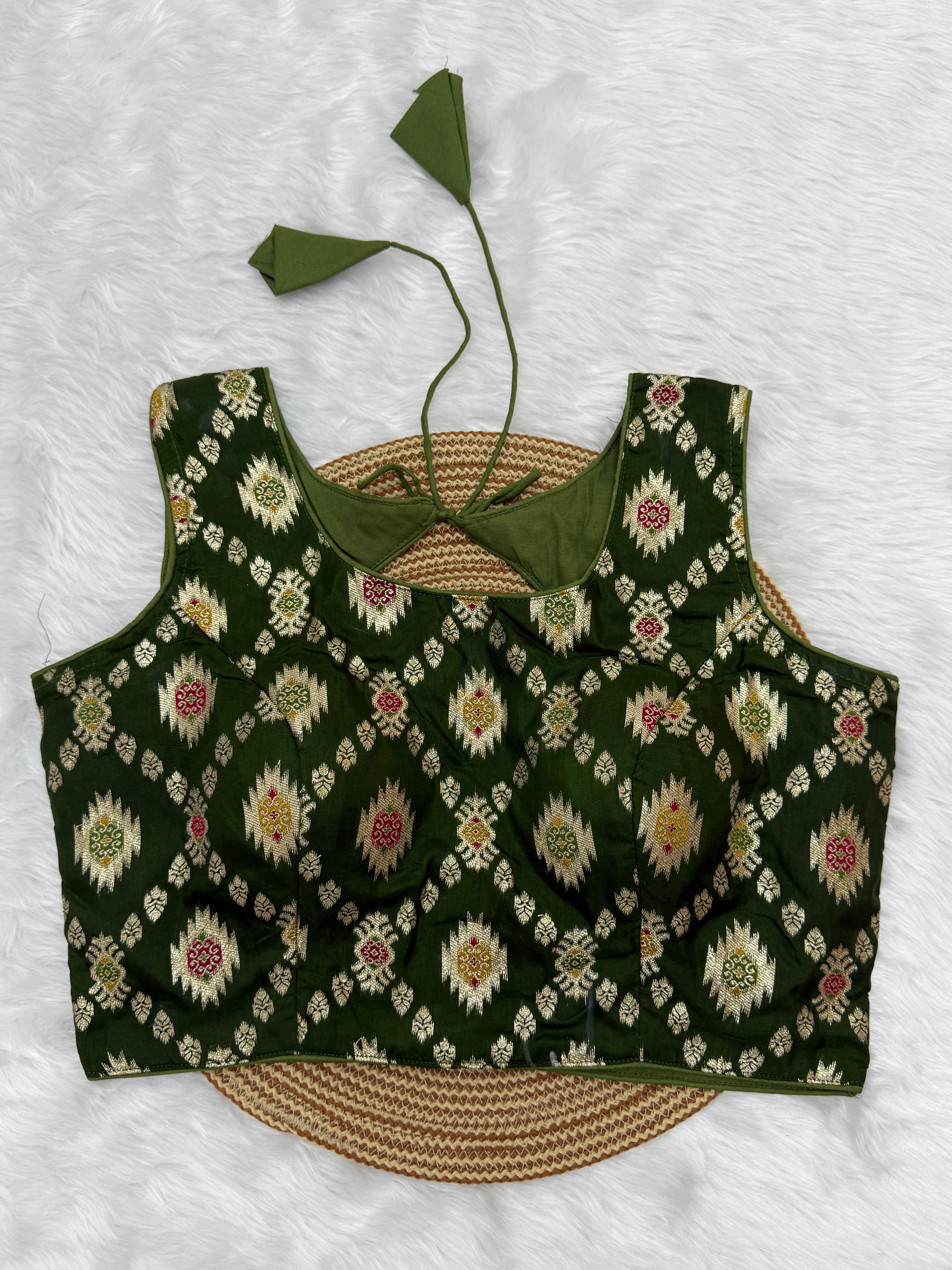 BANARASI BROCADE SLEEVELESS BLOUSE - GREEN