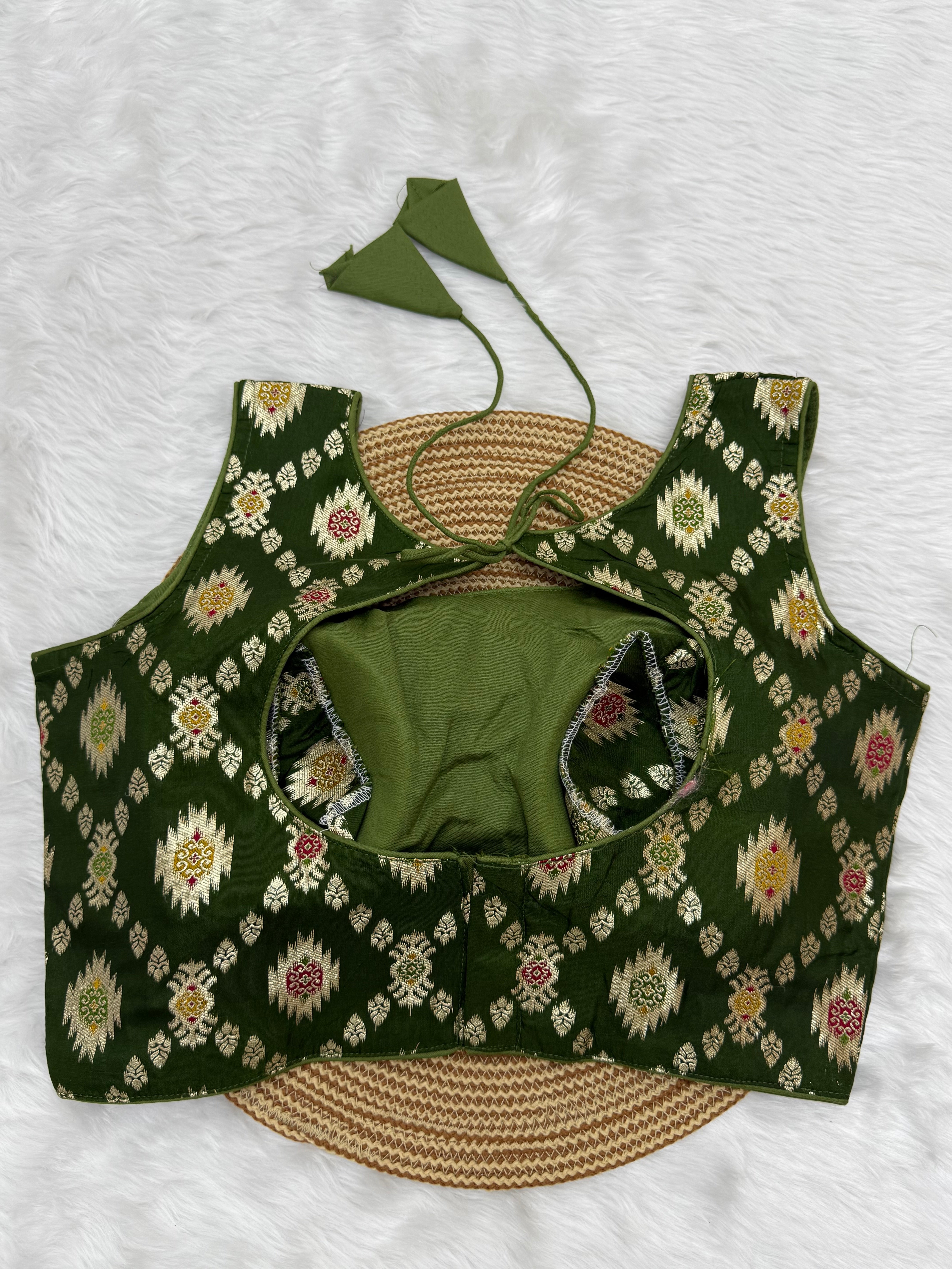BANARASI BROCADE SLEEVELESS BLOUSE - GREEN