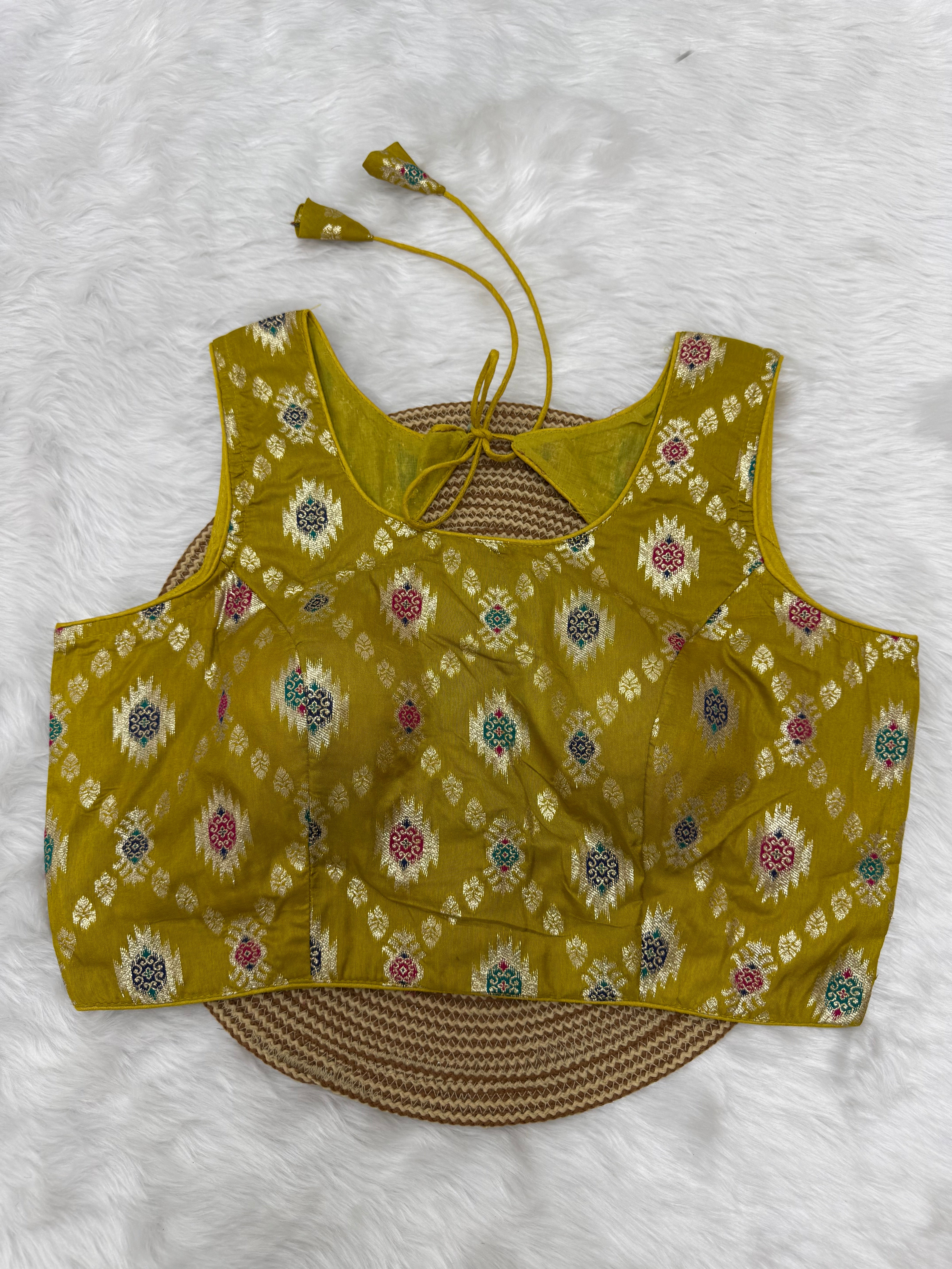 BANARASI BROCADE SLEEVELESS BLOUSE - YELLOW