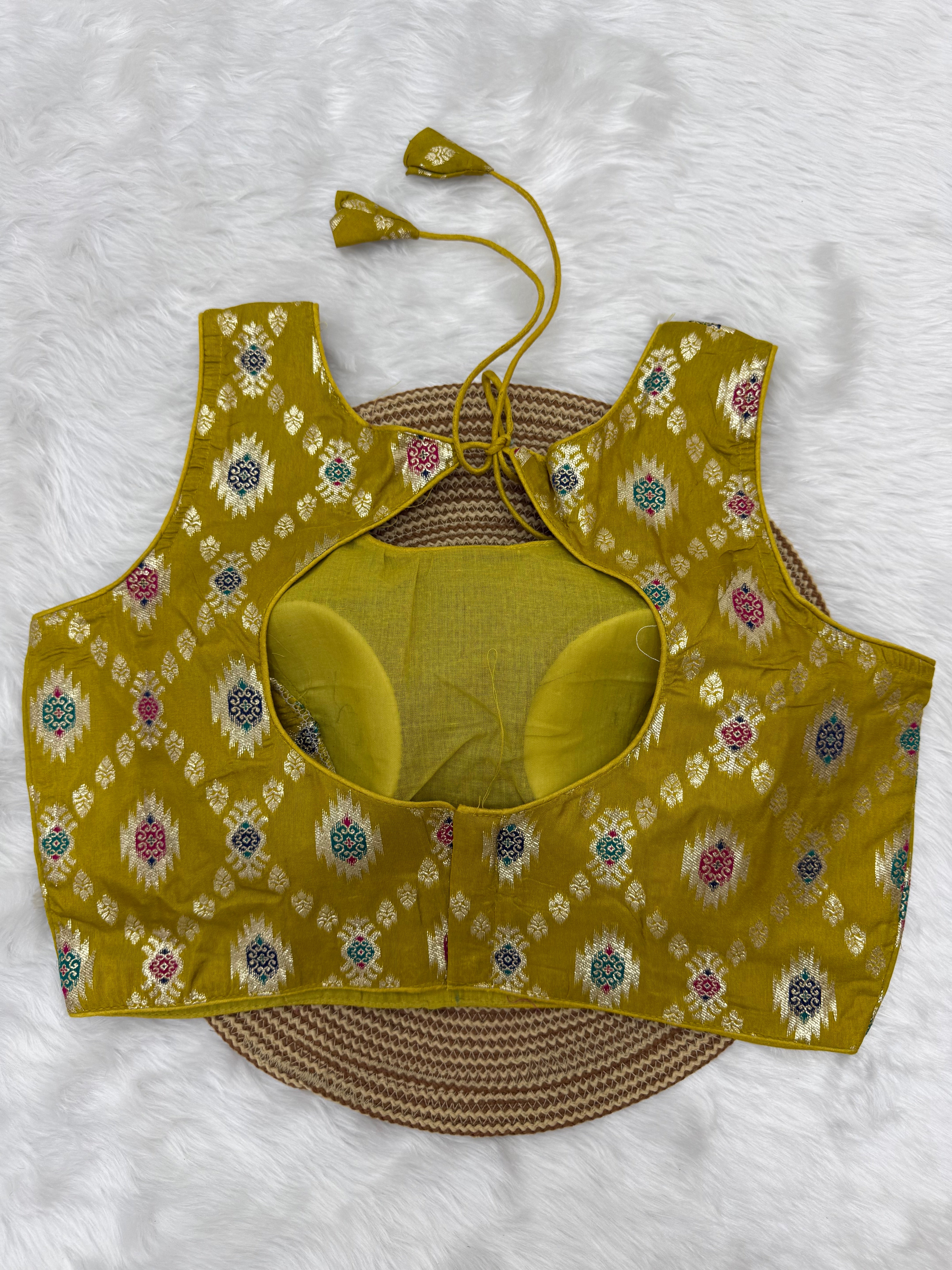 BANARASI BROCADE SLEEVELESS BLOUSE - YELLOW