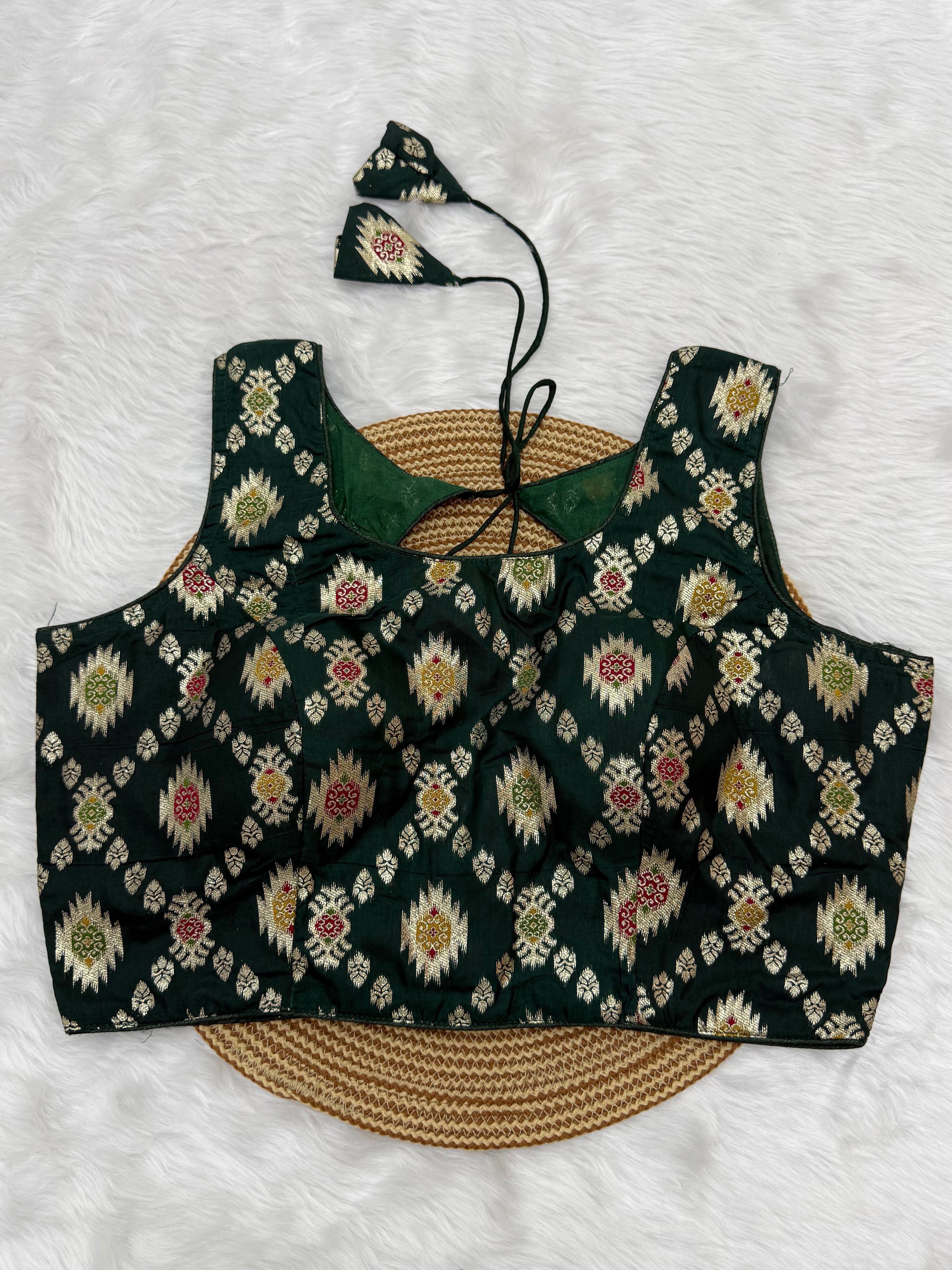 BANARASI BROCADE SLEEVELESS BLOUSE - GREEN