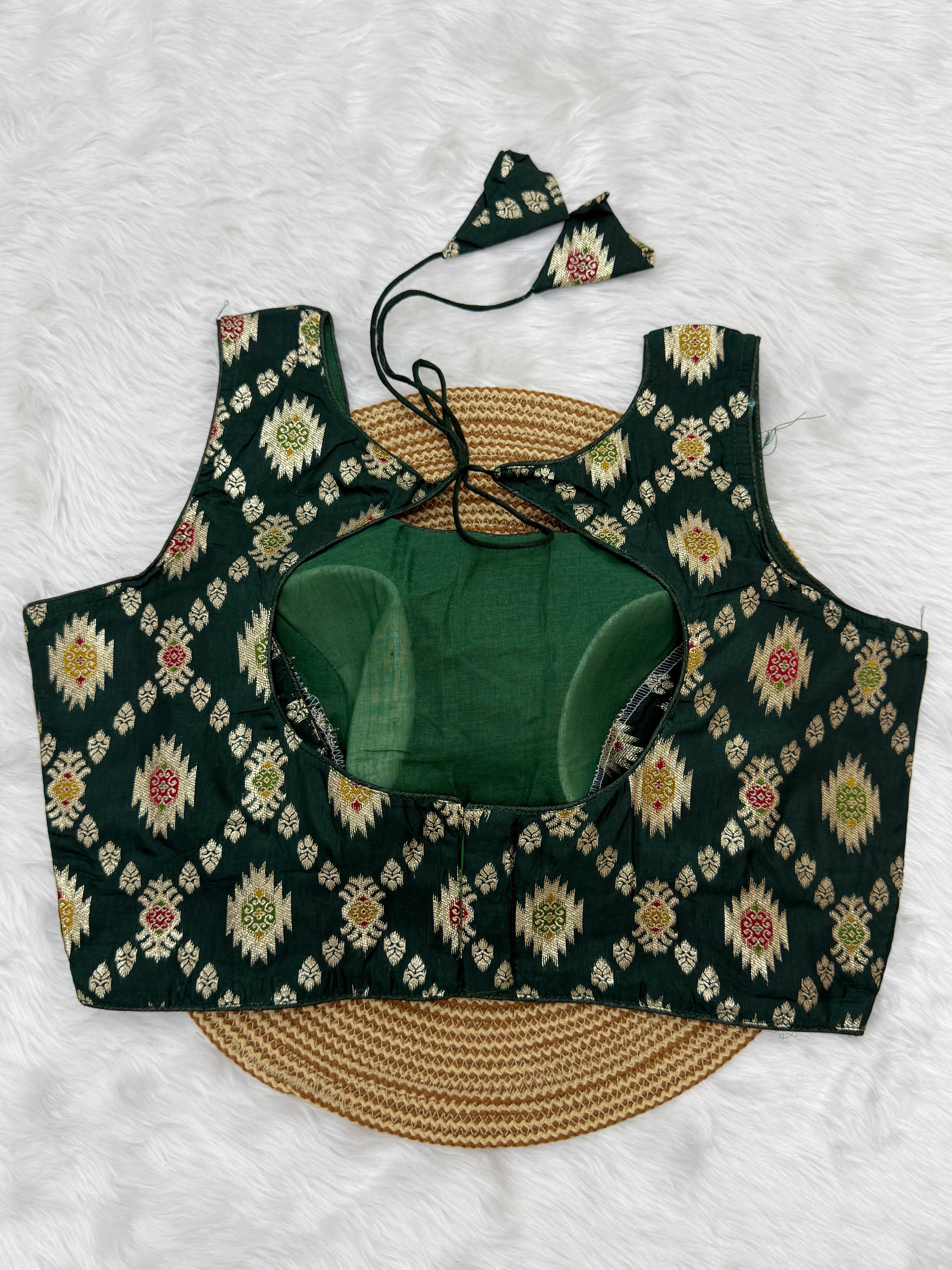 BANARASI BROCADE SLEEVELESS BLOUSE - GREEN