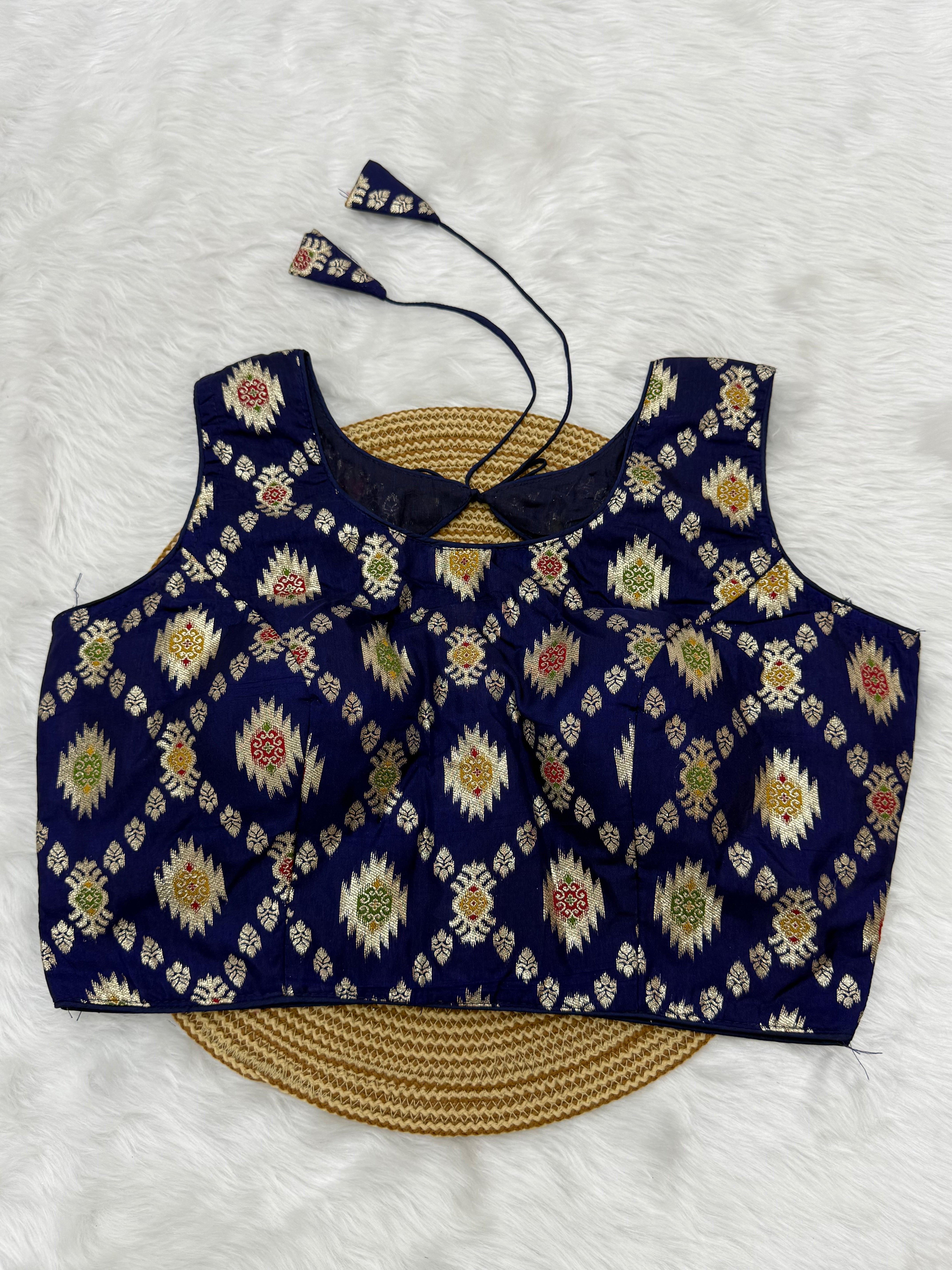 BANARASI BROCADE SLEEVELESS BLOUSE - NAVY BLUE
