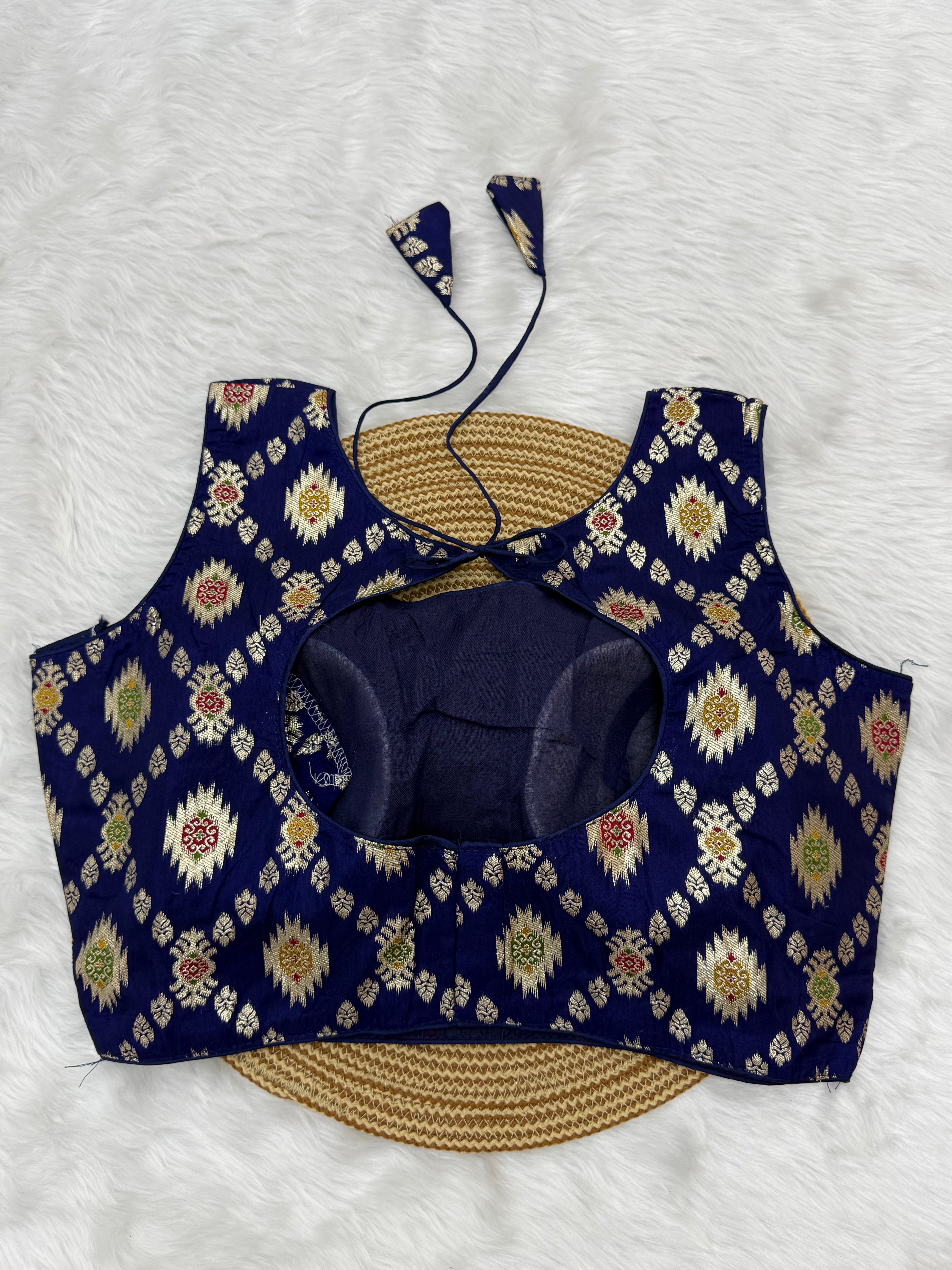 BANARASI BROCADE SLEEVELESS BLOUSE - NAVY BLUE