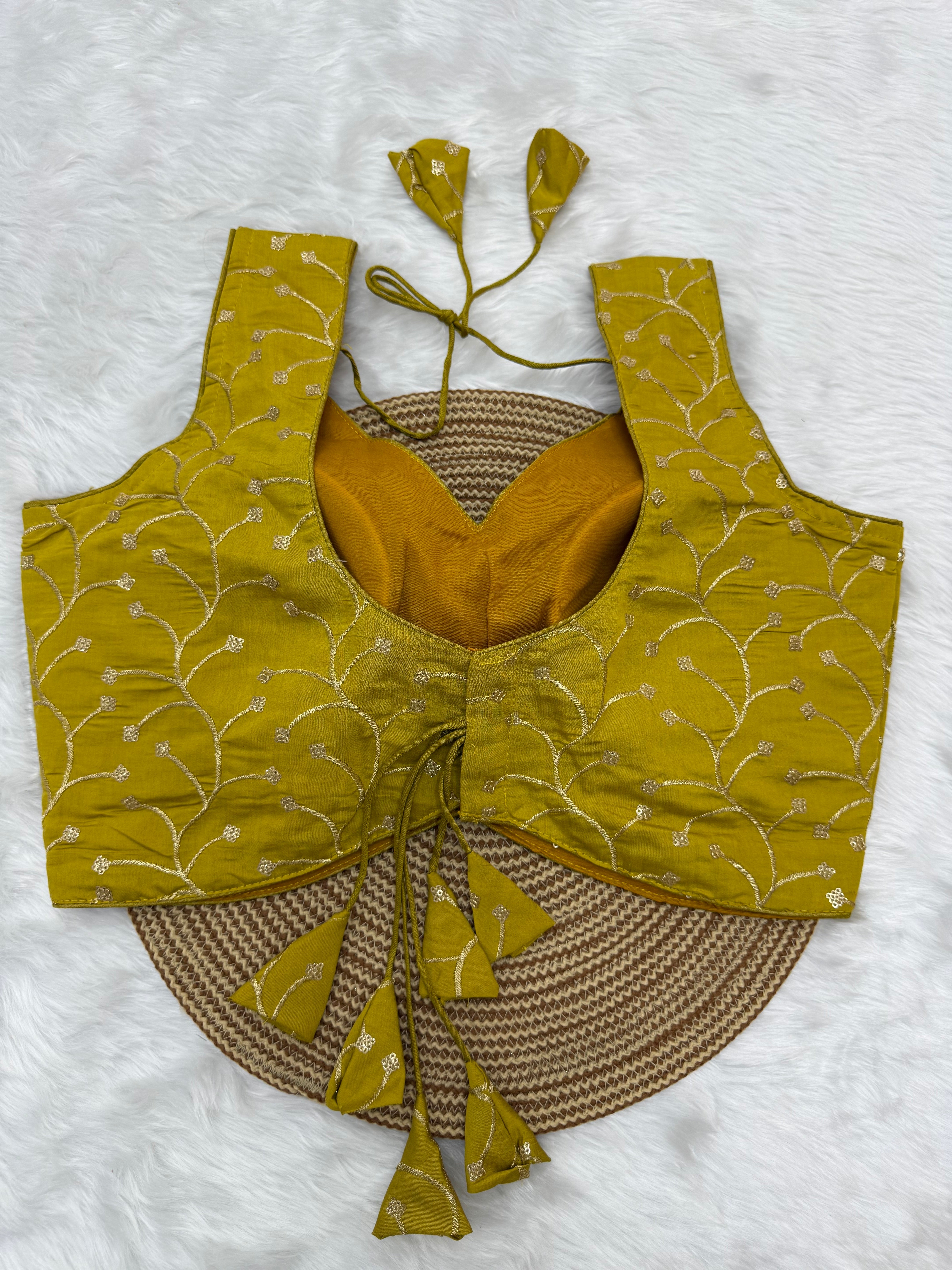 DESIGNER EMBRO-SEQUIN WORK SLEEVELESS BLOUSE - MUSTARD