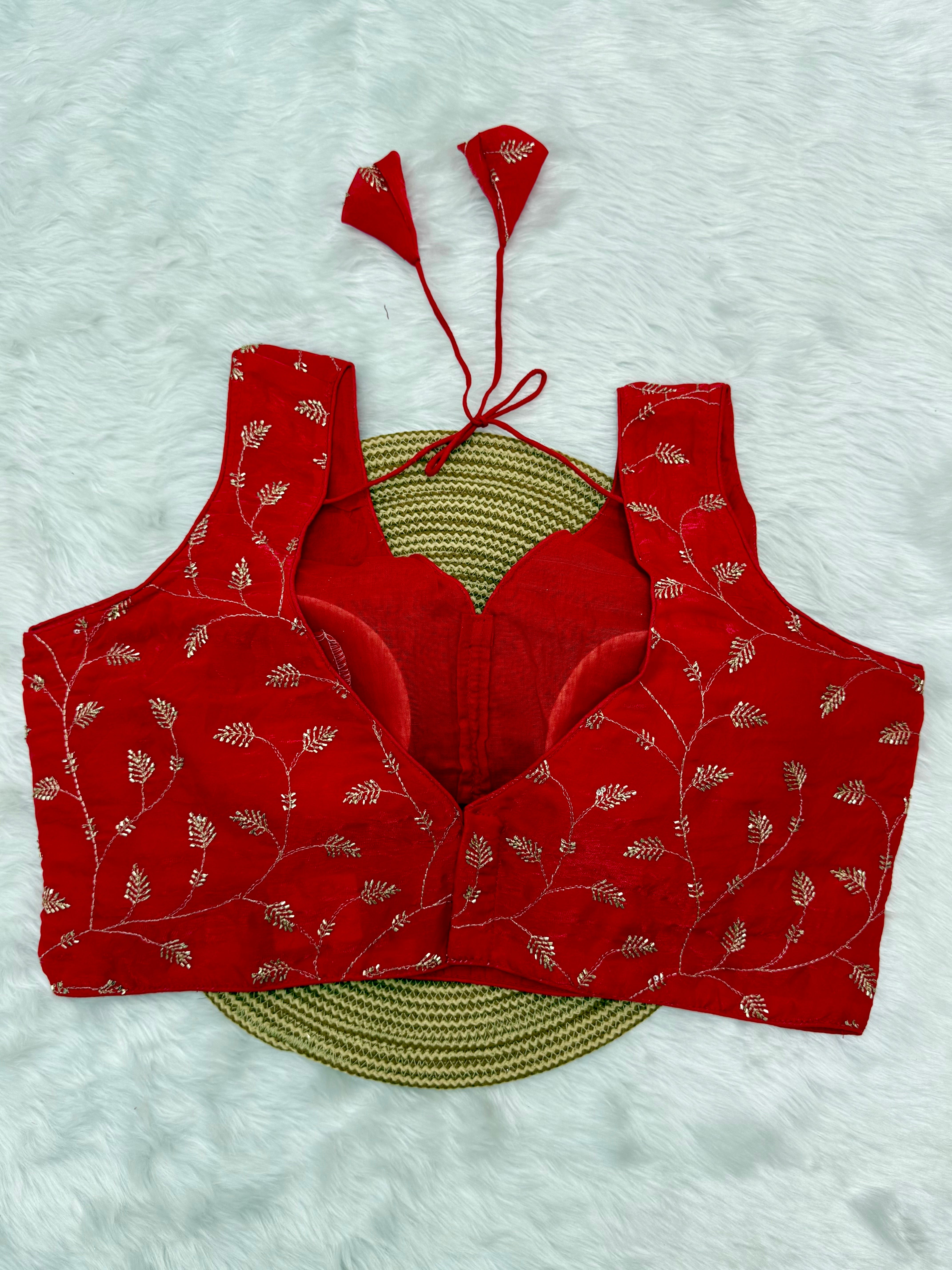 DESIGNER EMBRO-SEQUIN WORK SLEEVELESS BLOUSE - RED