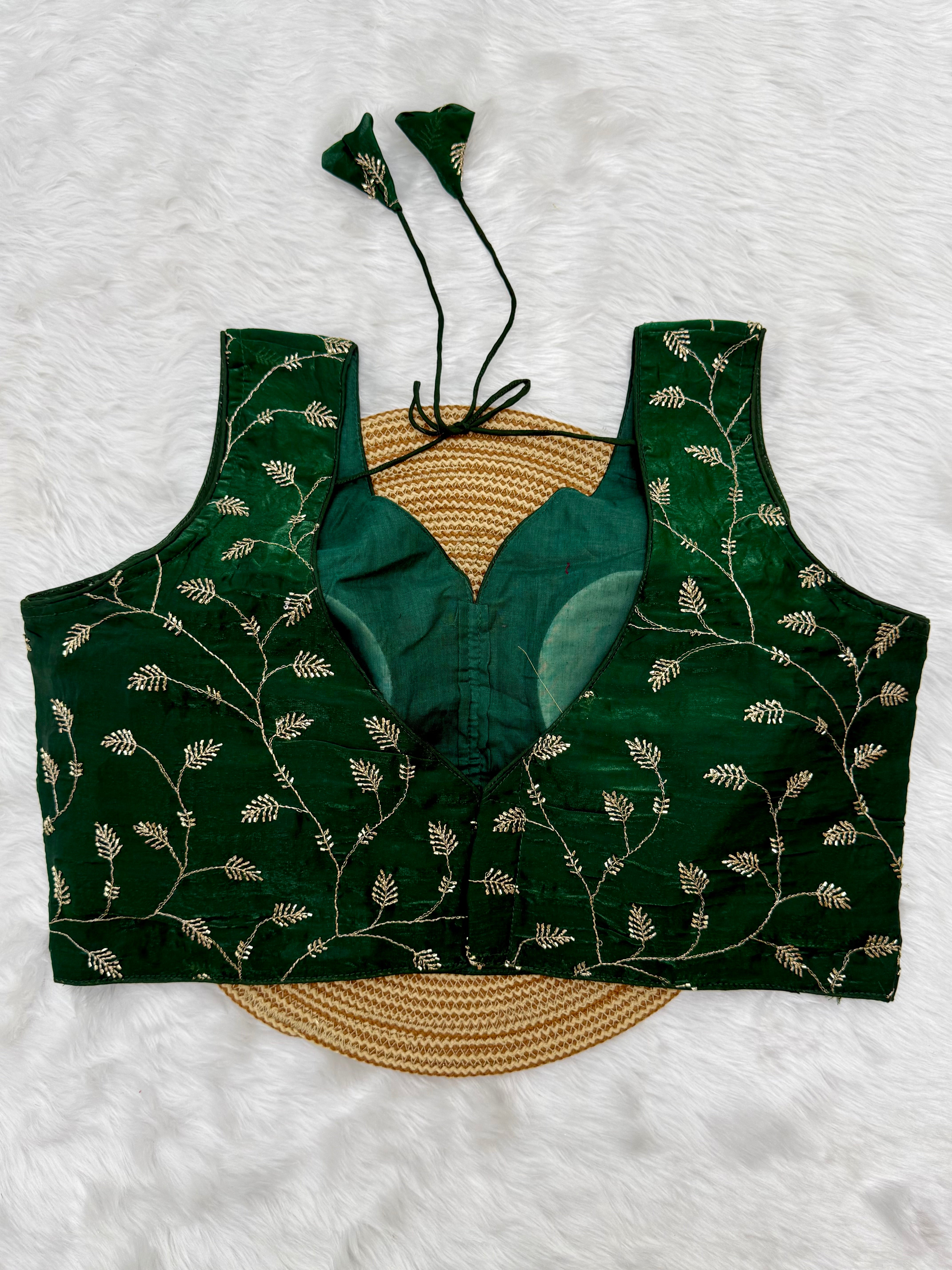 DESIGNER EMBRO-SEQUIN WORK SLEEVELESS BLOUSE - GREEN