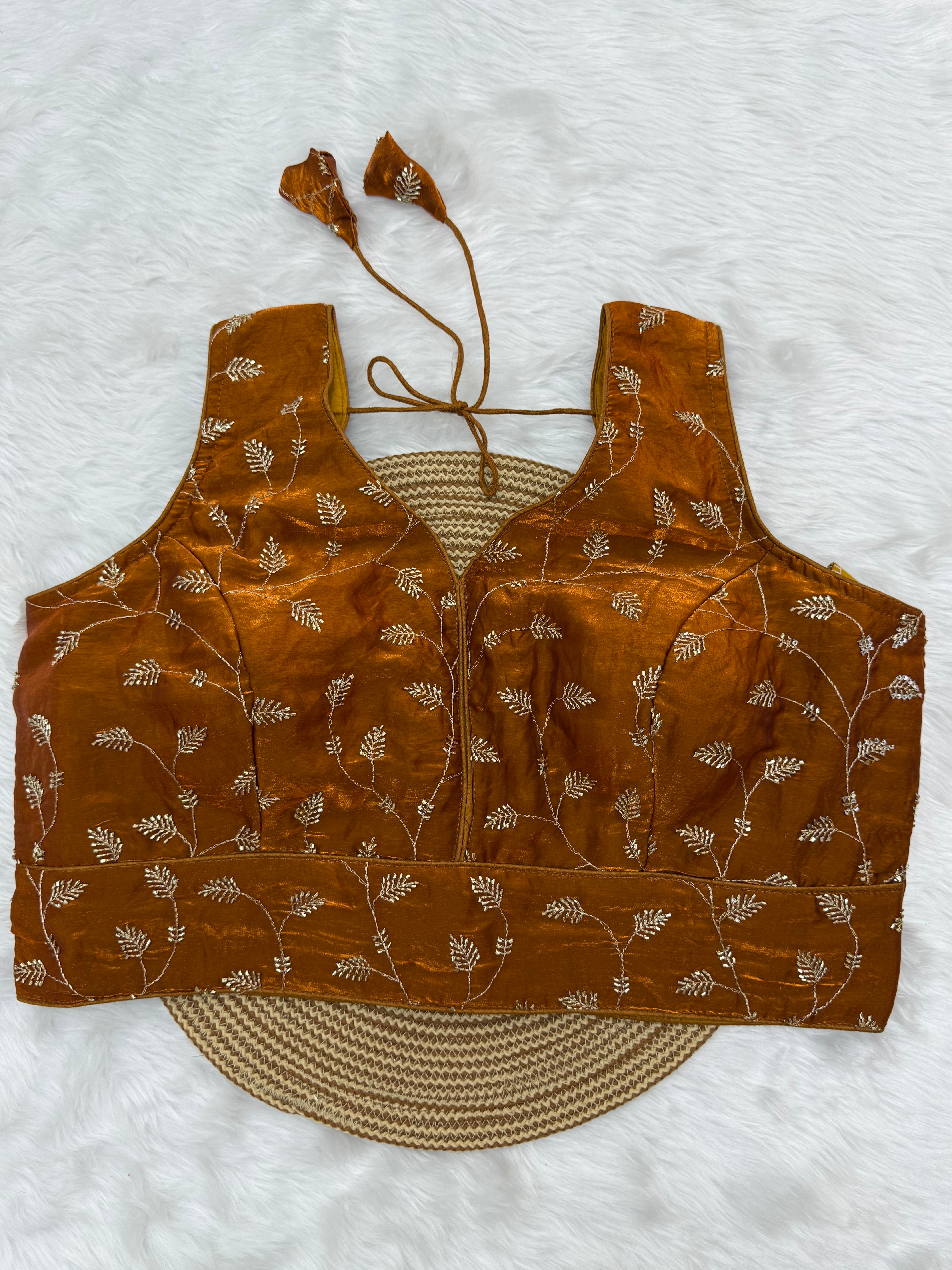 DESIGNER EMBRO-SEQUIN WORK SLEEVELESS BLOUSE - BRONZE BROWN