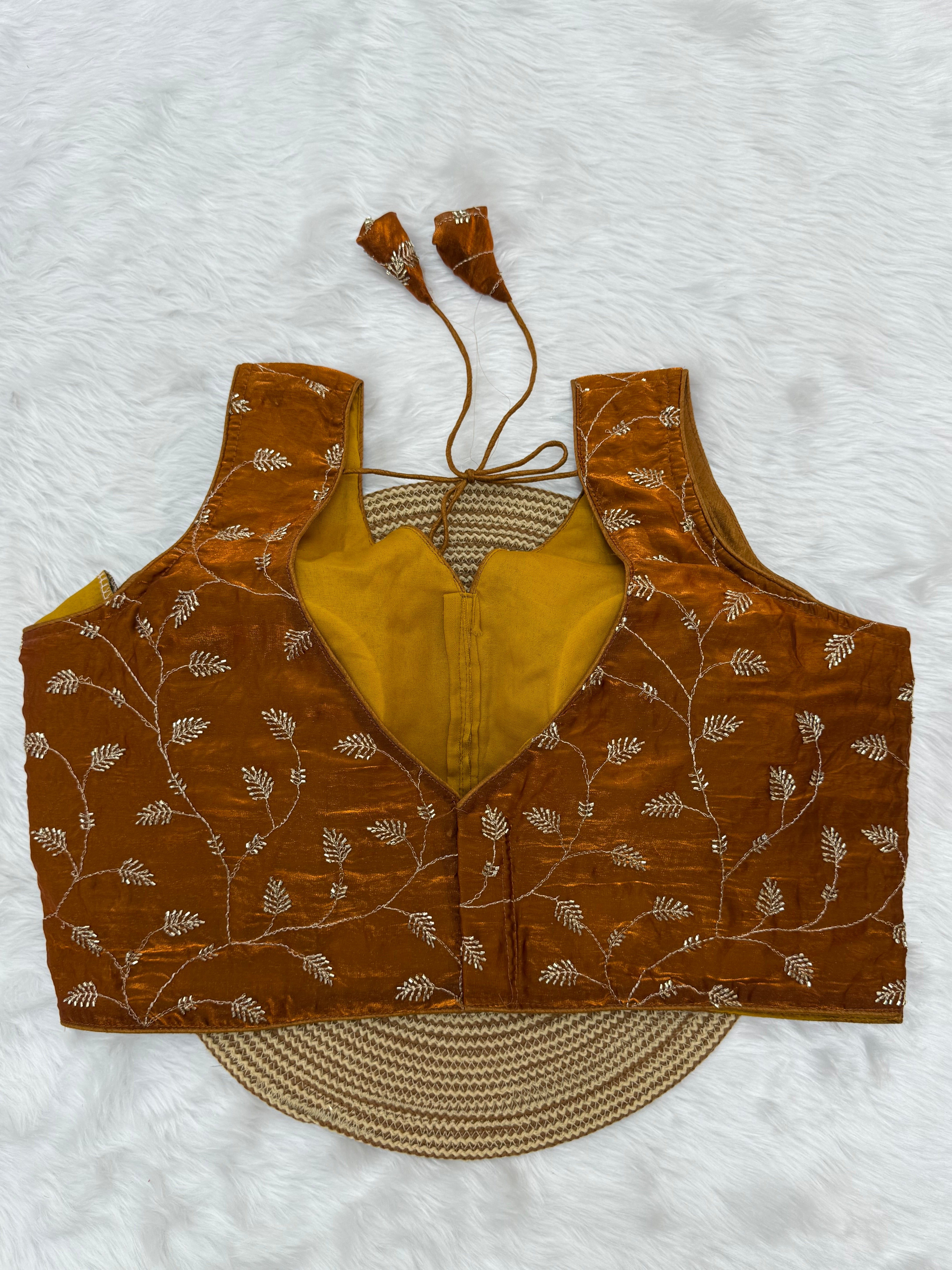 DESIGNER EMBRO-SEQUIN WORK SLEEVELESS BLOUSE - BRONZE BROWN
