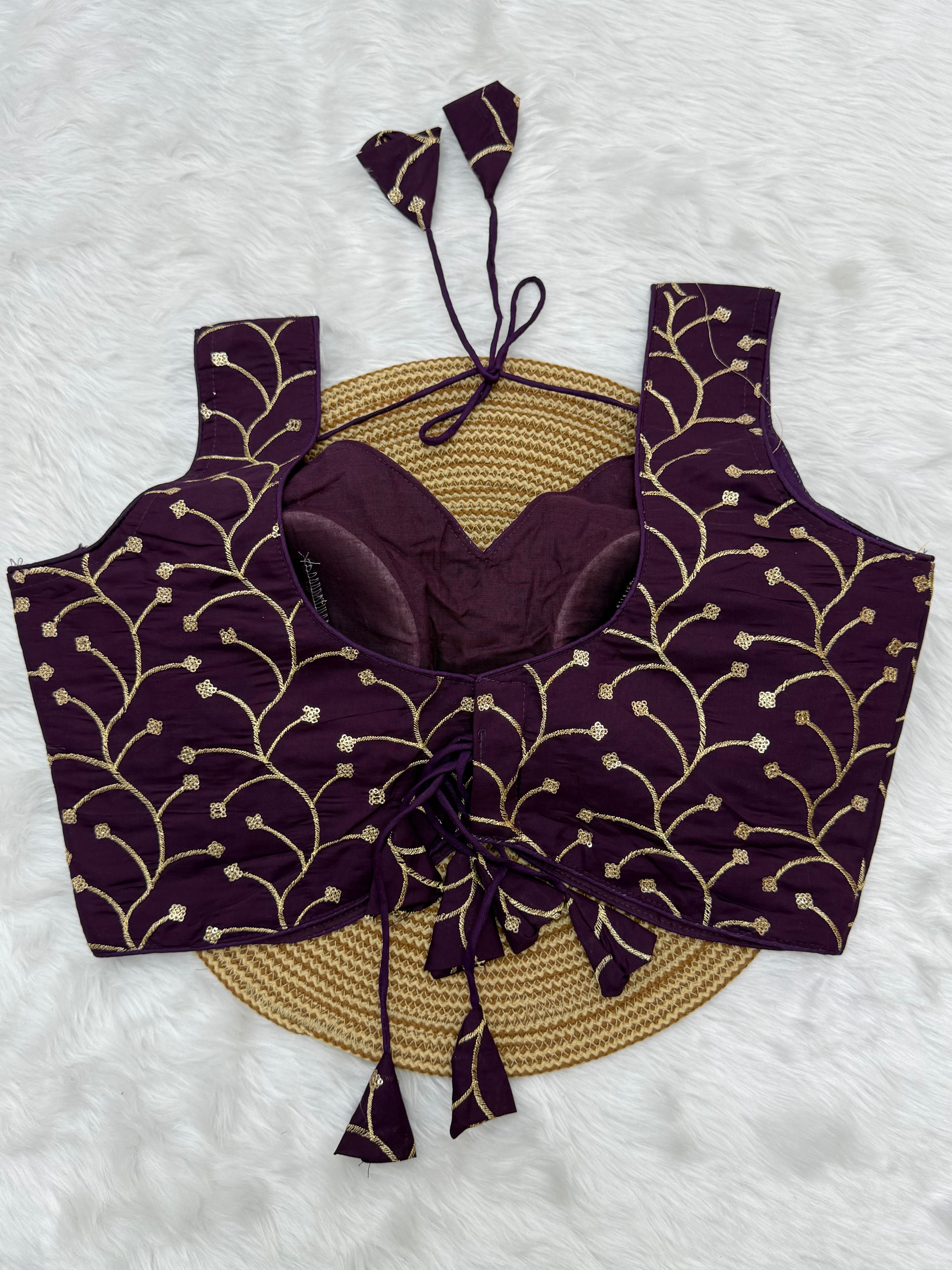 DESIGNER EMBRO-SEQUIN WORK SLEEVELESS BLOUSE - BERRY PLUM