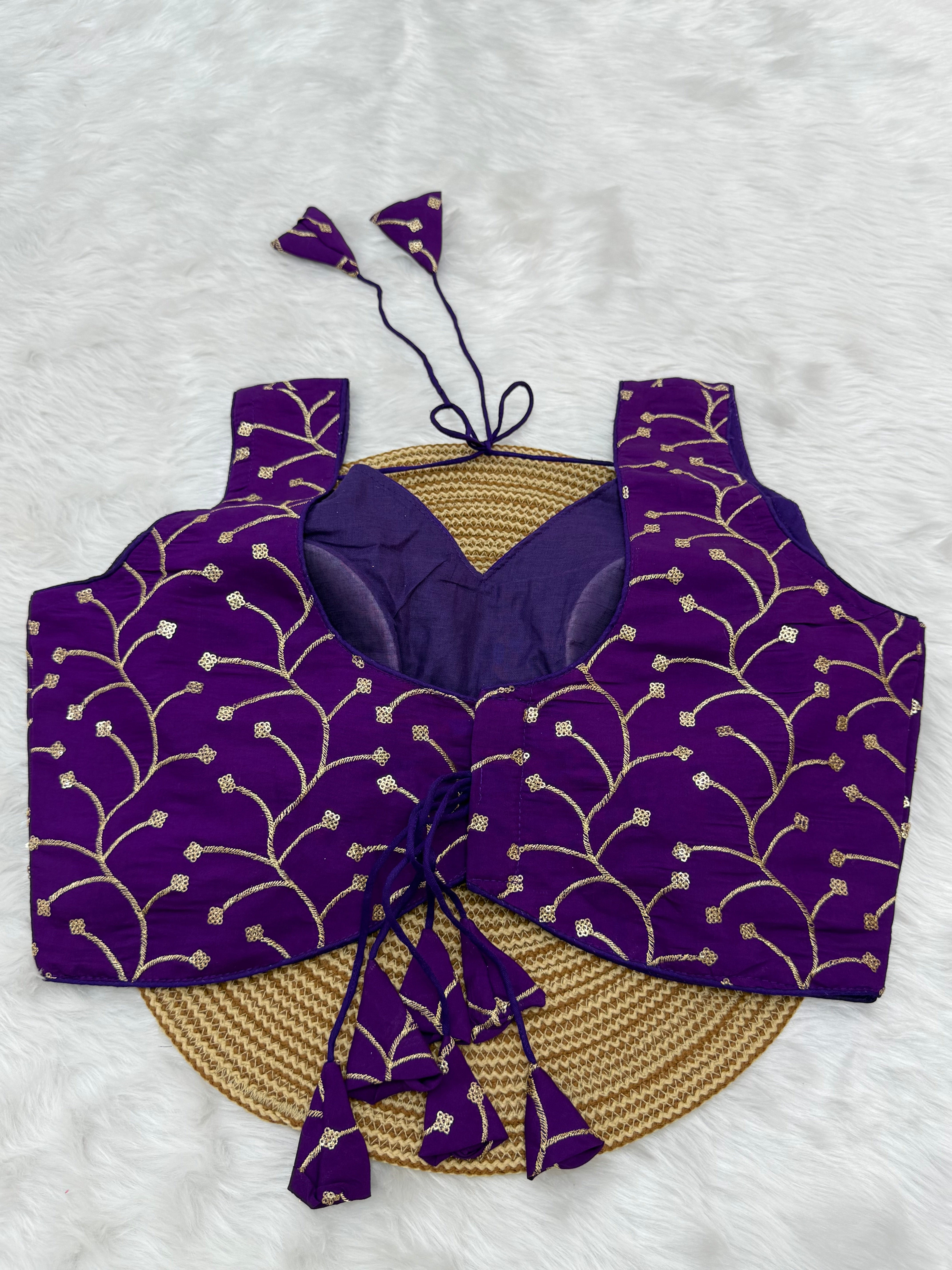 DESIGNER EMBRO-SEQUIN WORK SLEEVELESS BLOUSE - PURPLE