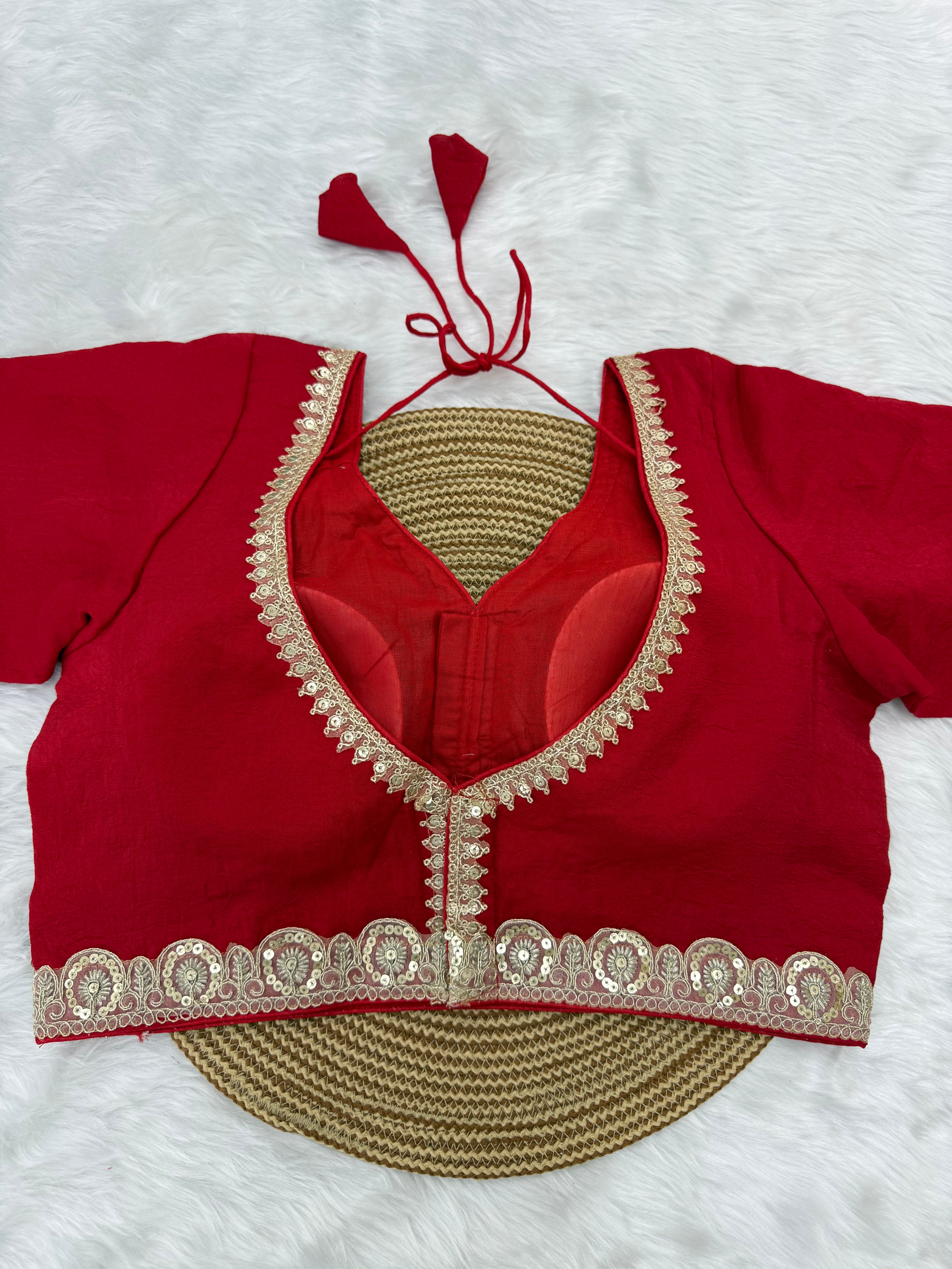 BRIDAL GOLDEN SEQUIN LACEWORK SILK BLOUSE - RED