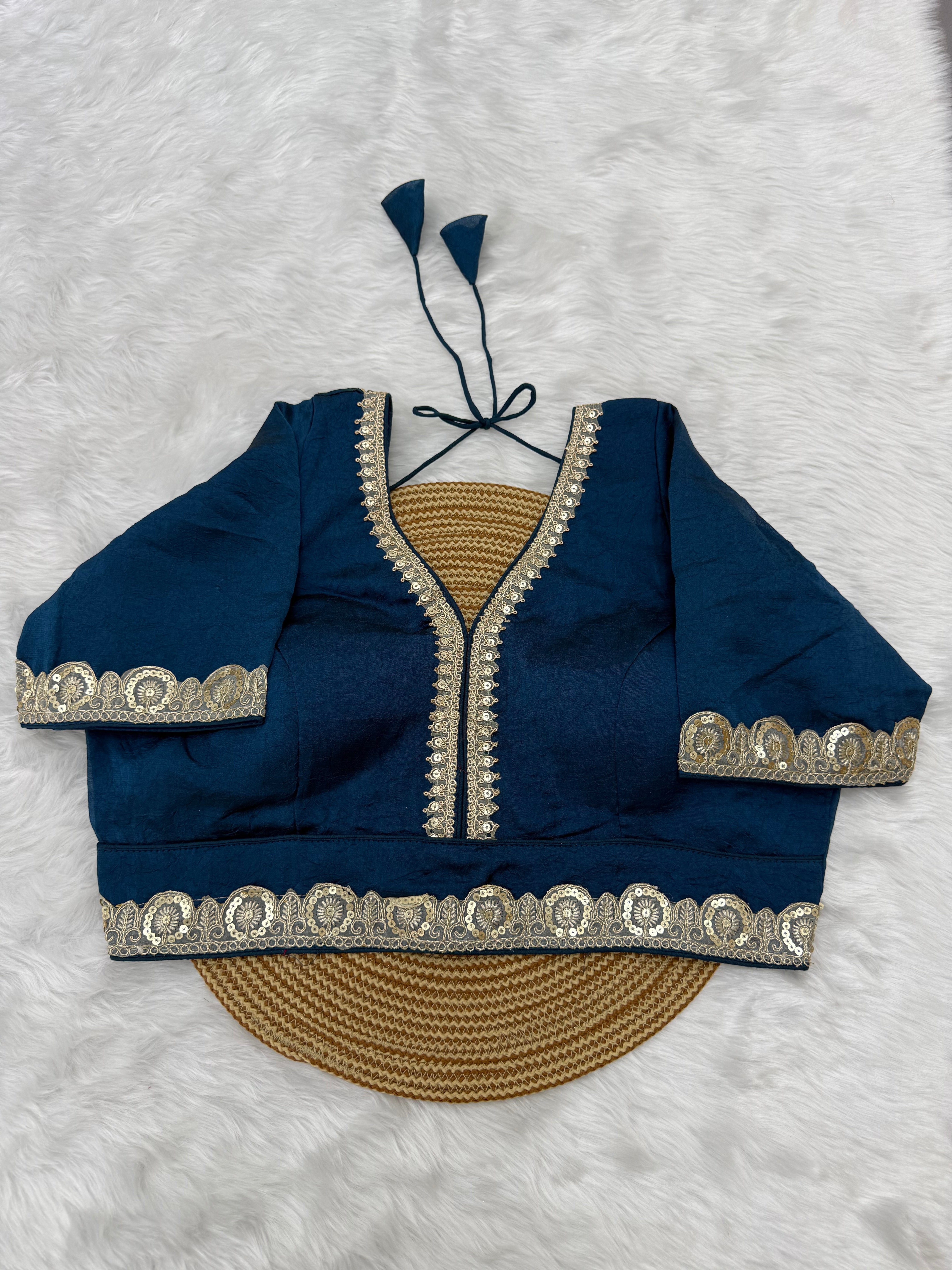 BRIDAL GOLDEN SEQUIN LACEWORK SILK BLOUSE - TEAL BLUE
