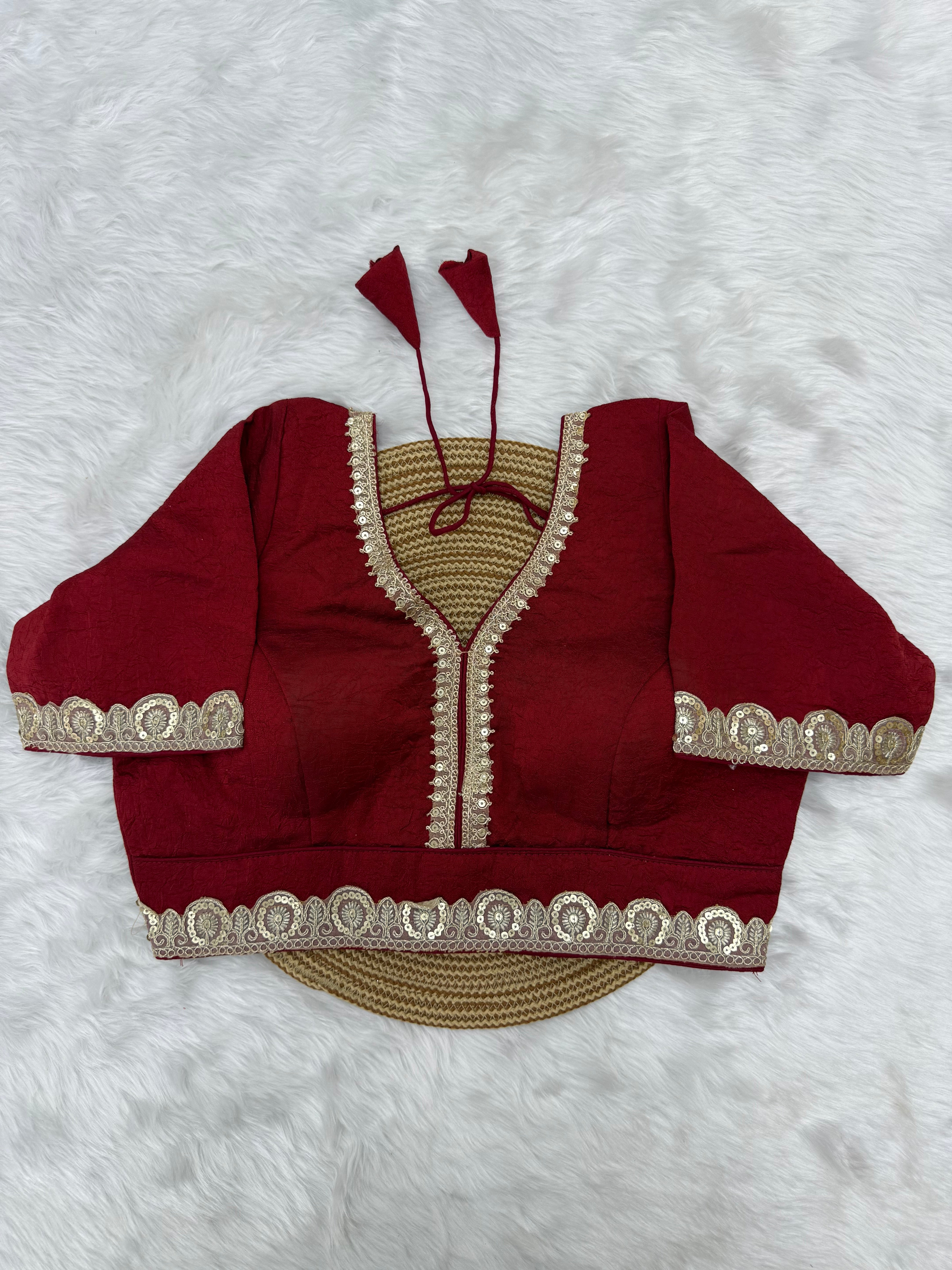 BRIDAL GOLDEN SEQUIN LACEWORK SILK BLOUSE - RUBY RED
