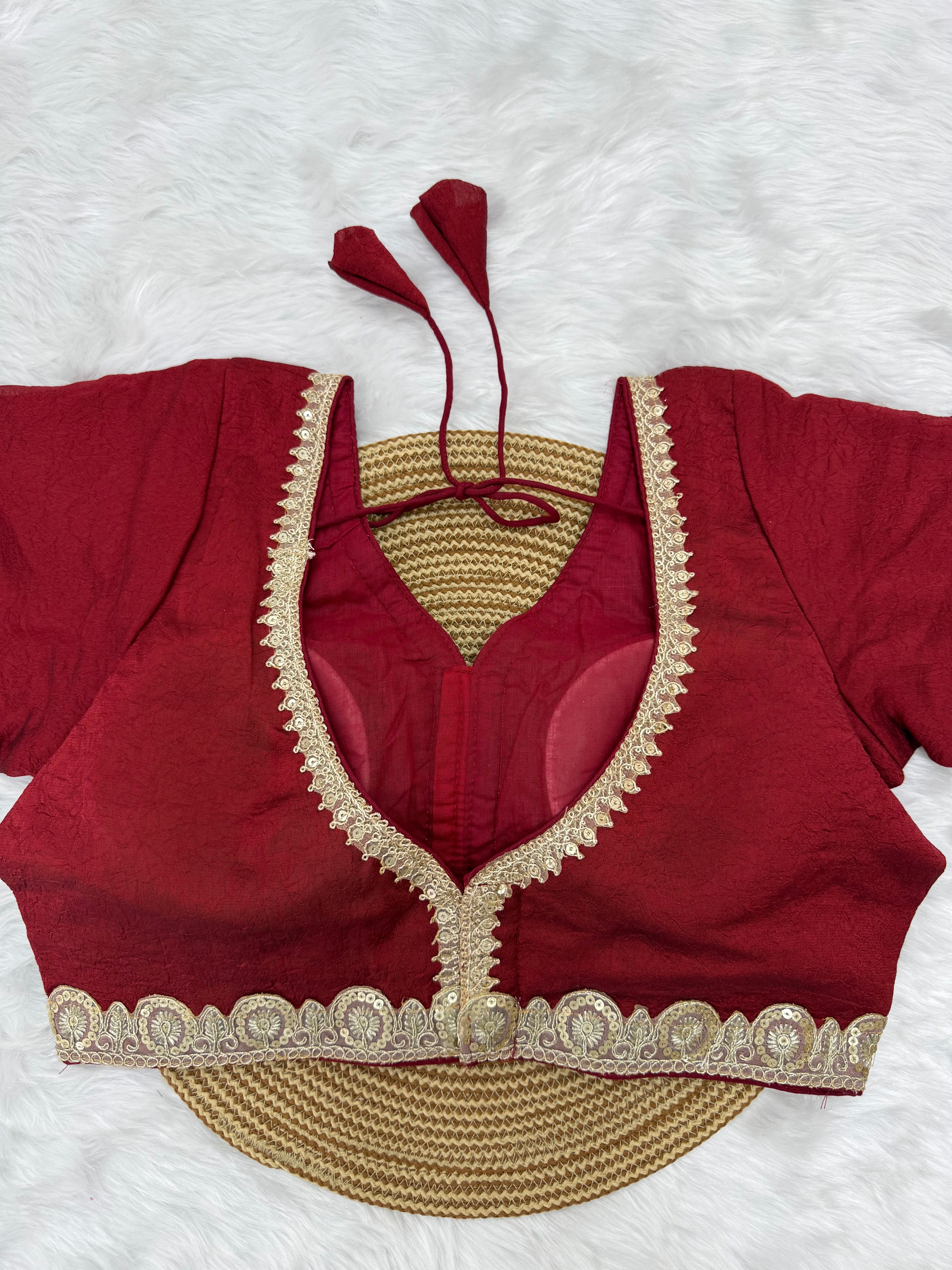 BRIDAL GOLDEN SEQUIN LACEWORK SILK BLOUSE - RUBY RED