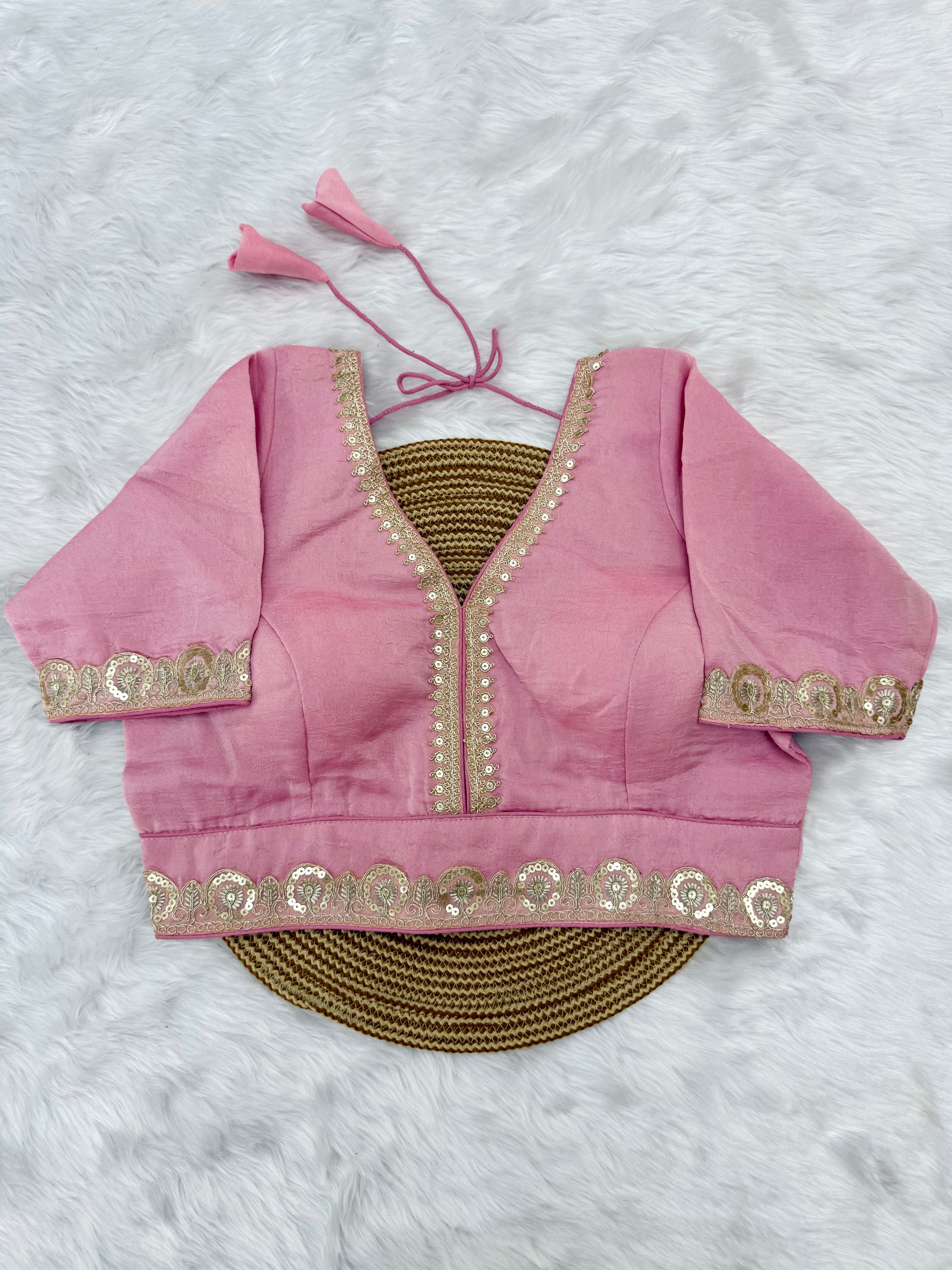 BRIDAL GOLDEN SEQUIN LACEWORK SILK BLOUSE - ROSE PINK