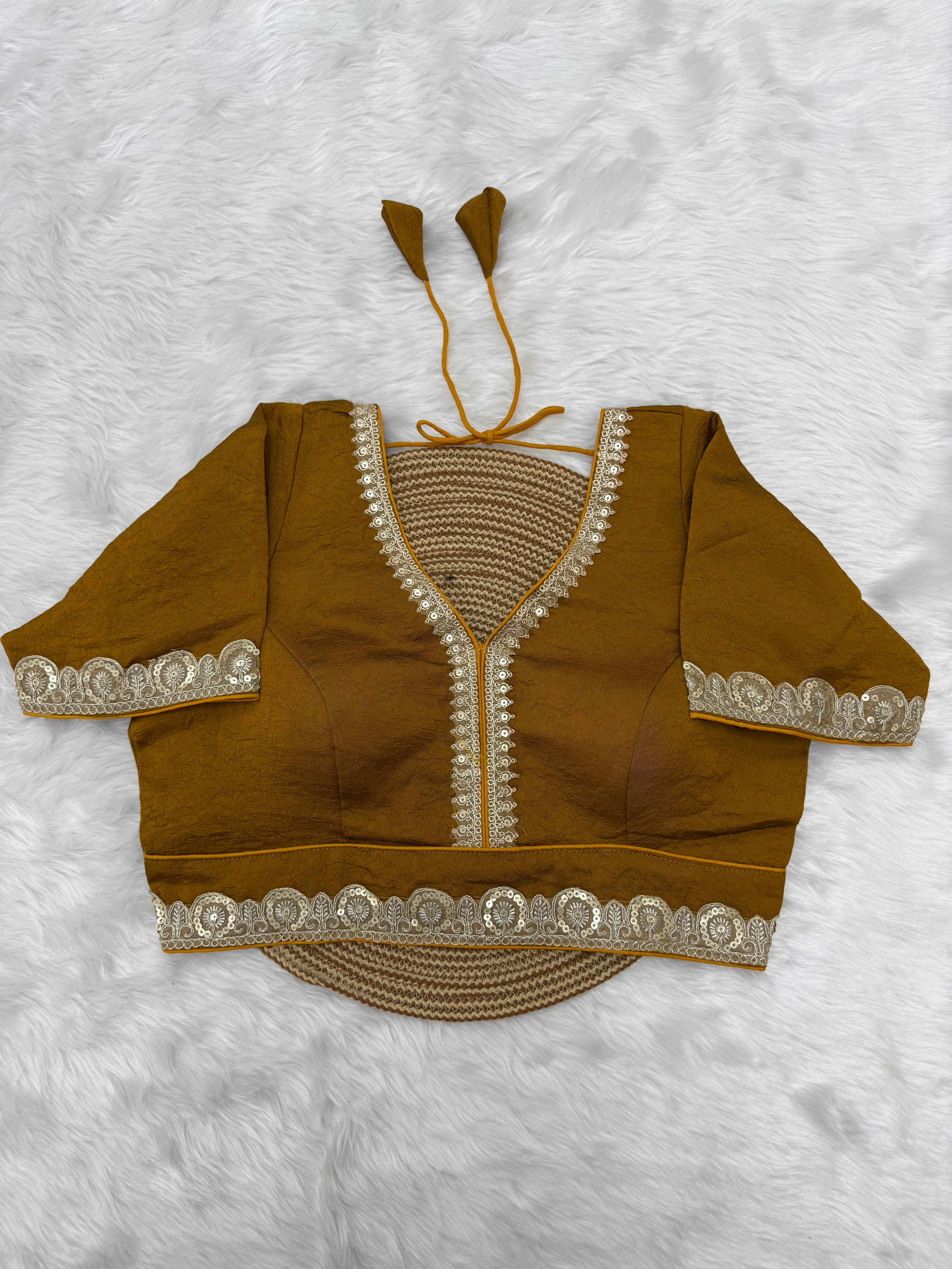 BRIDAL GOLDEN SEQUIN LACEWORK SILK BLOUSE - MUSTARD