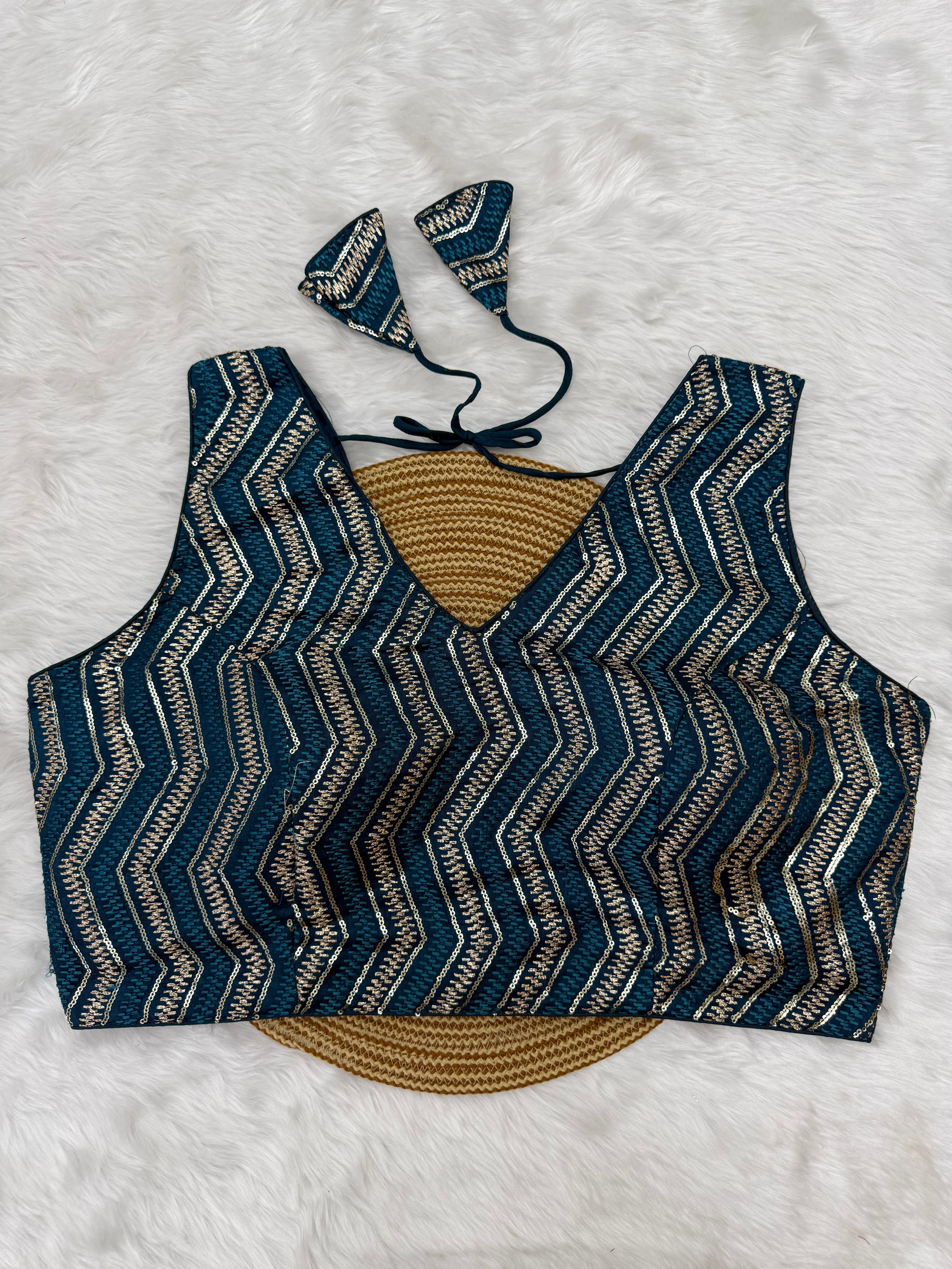 SEQUIN WORK SLEEVELESS PLUS SIZE FANCY BLOUSE - TEAL