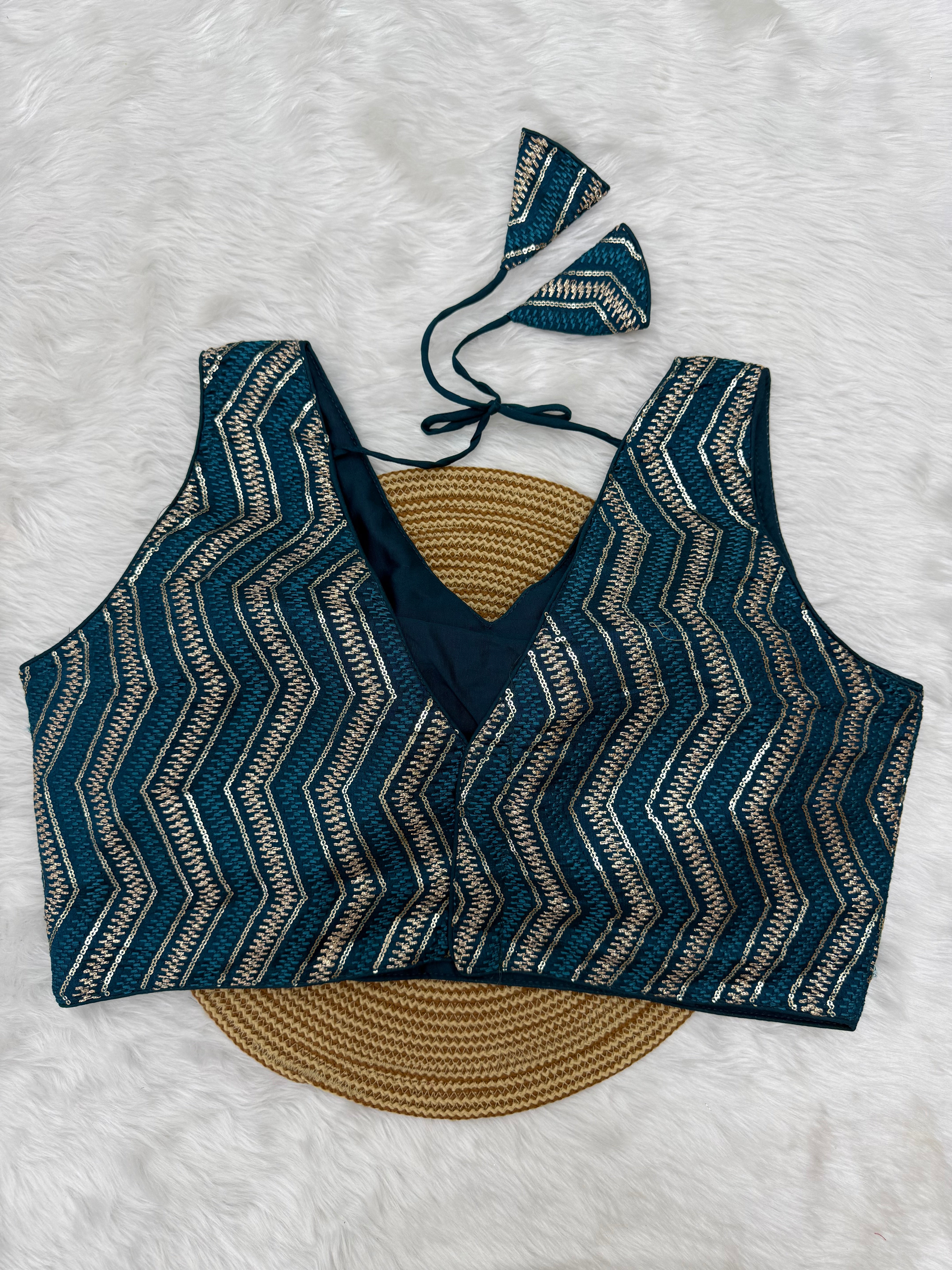 SEQUIN WORK SLEEVELESS PLUS SIZE FANCY BLOUSE - TEAL