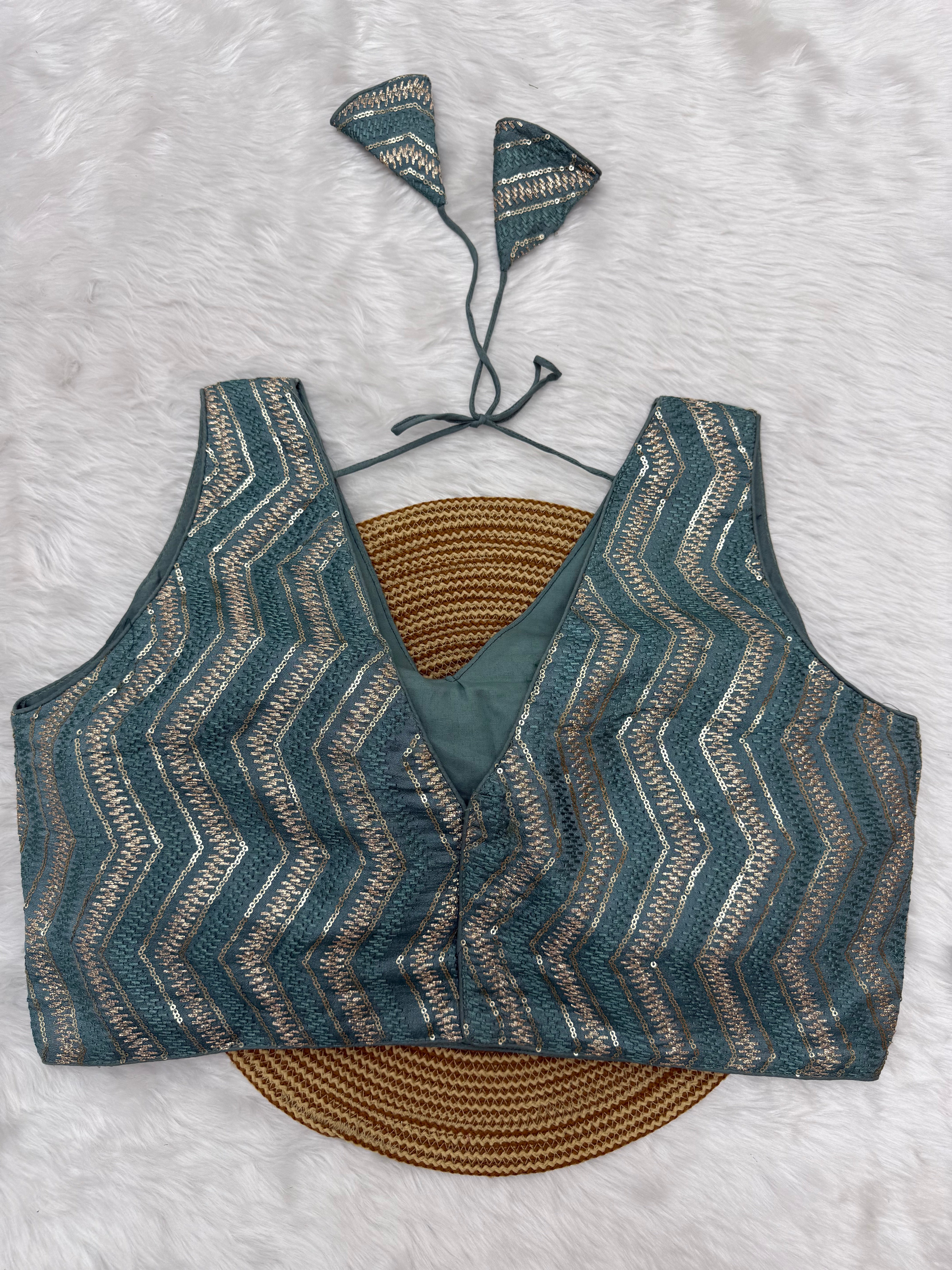 SEQUIN WORK SLEEVELESS PLUS SIZE FANCY BLOUSE - POWDER BLUE
