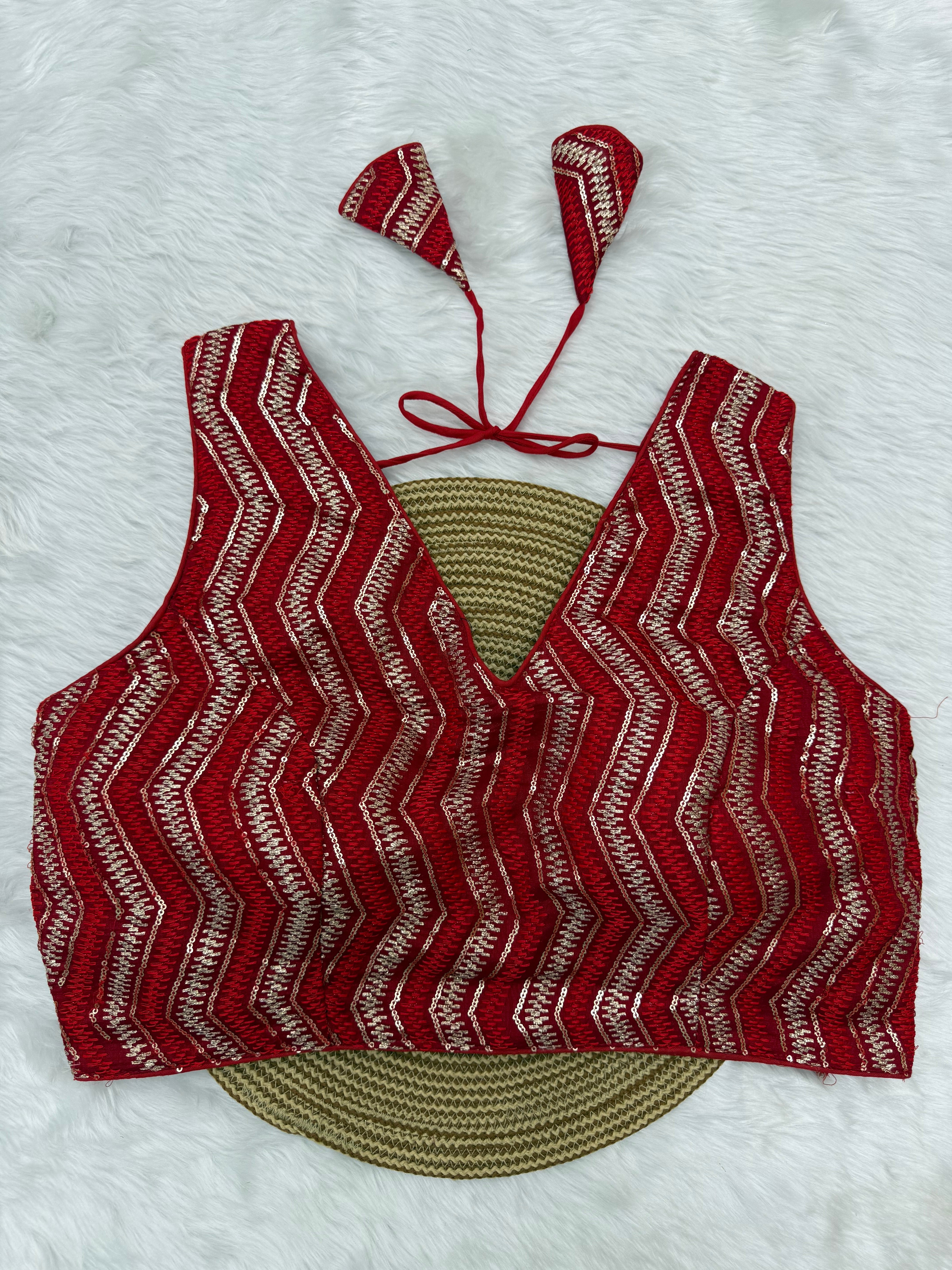 SEQUIN WORK SLEEVELESS PLUS SIZE FANCY BLOUSE - RED