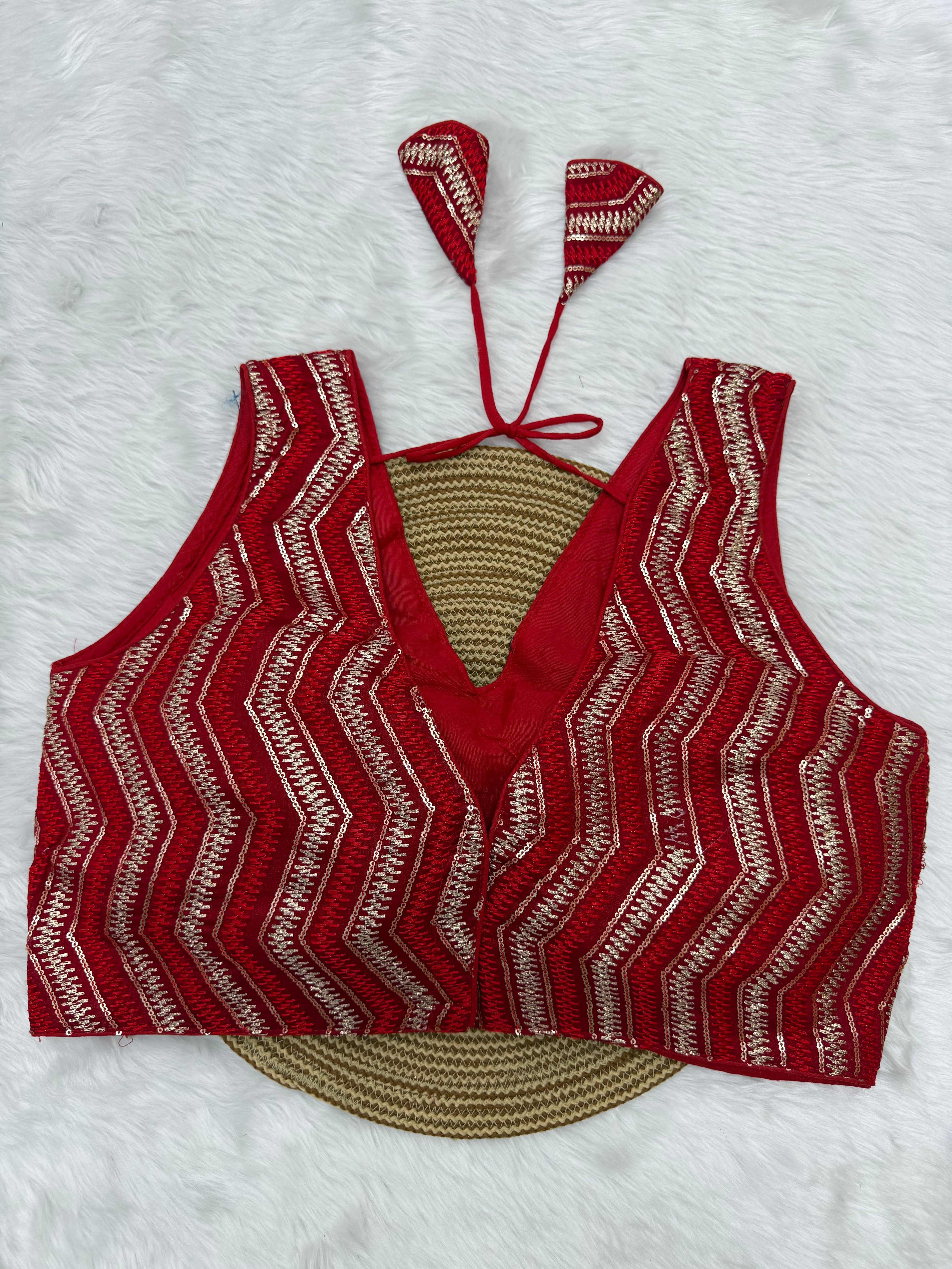 SEQUIN WORK SLEEVELESS PLUS SIZE FANCY BLOUSE - RED
