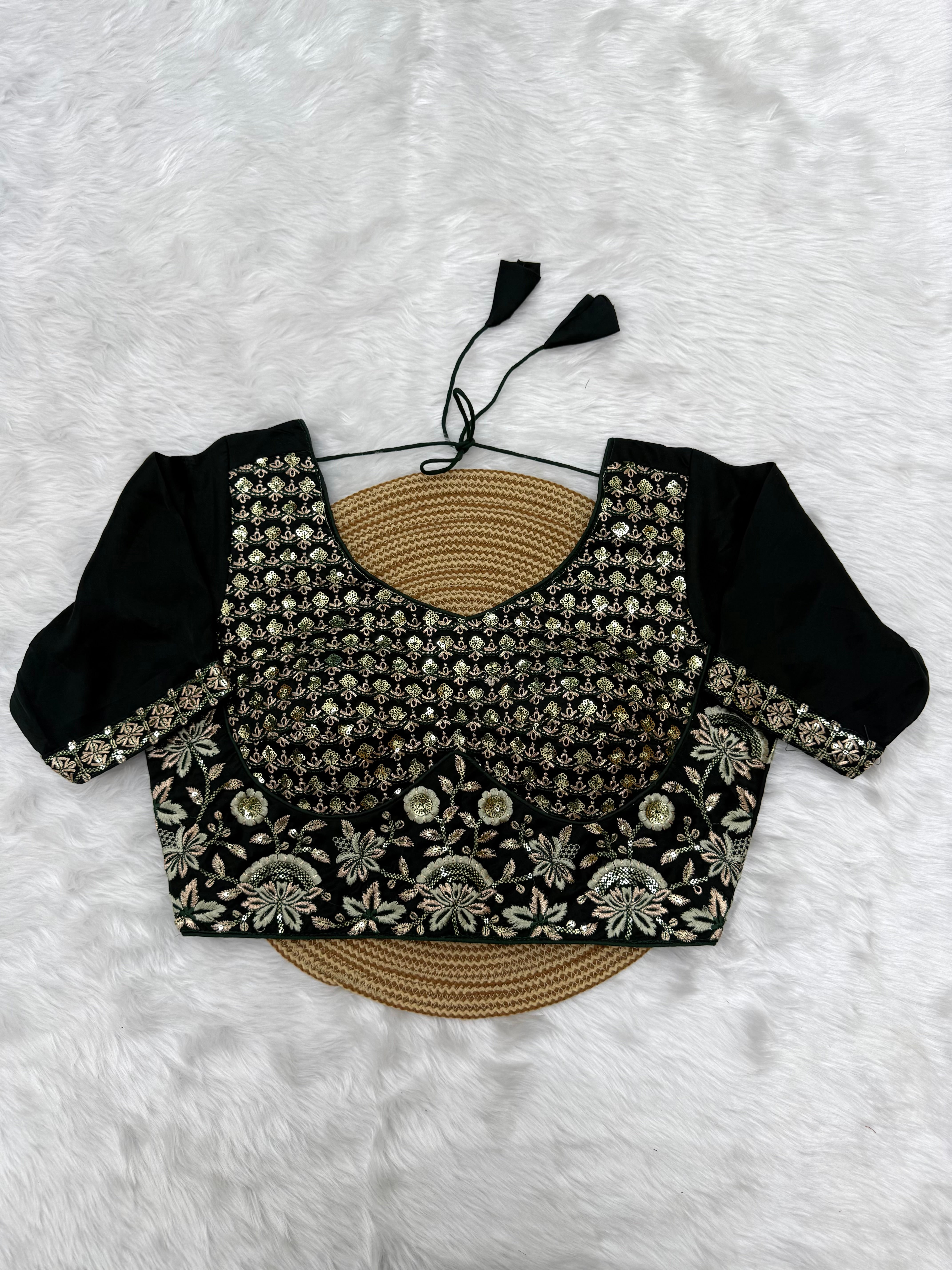 HEAVY EMBRO-SEQUIN WORK DESIGNER BLOUSE - FOREST GREEN
