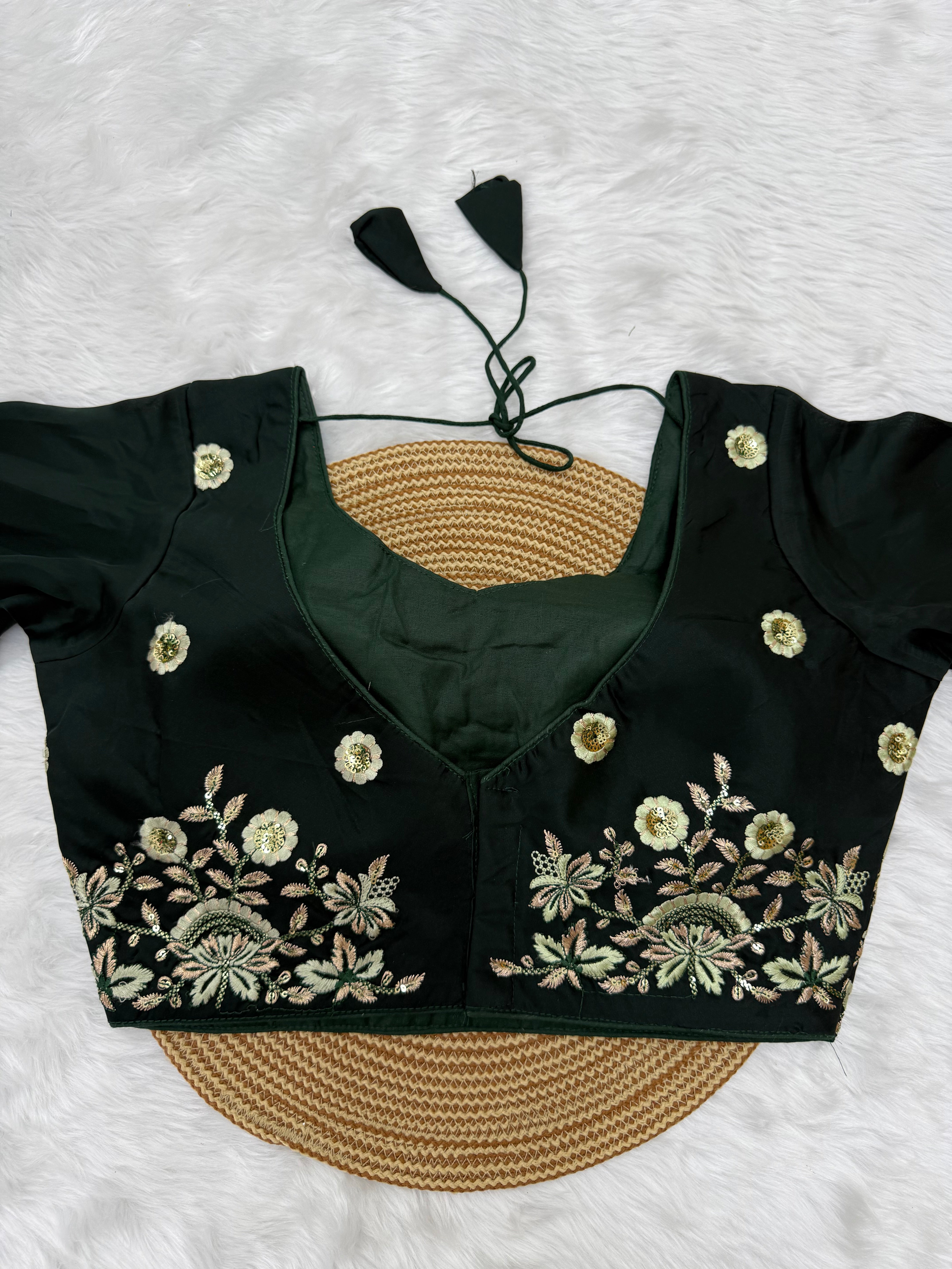 HEAVY EMBRO-SEQUIN WORK DESIGNER BLOUSE - FOREST GREEN