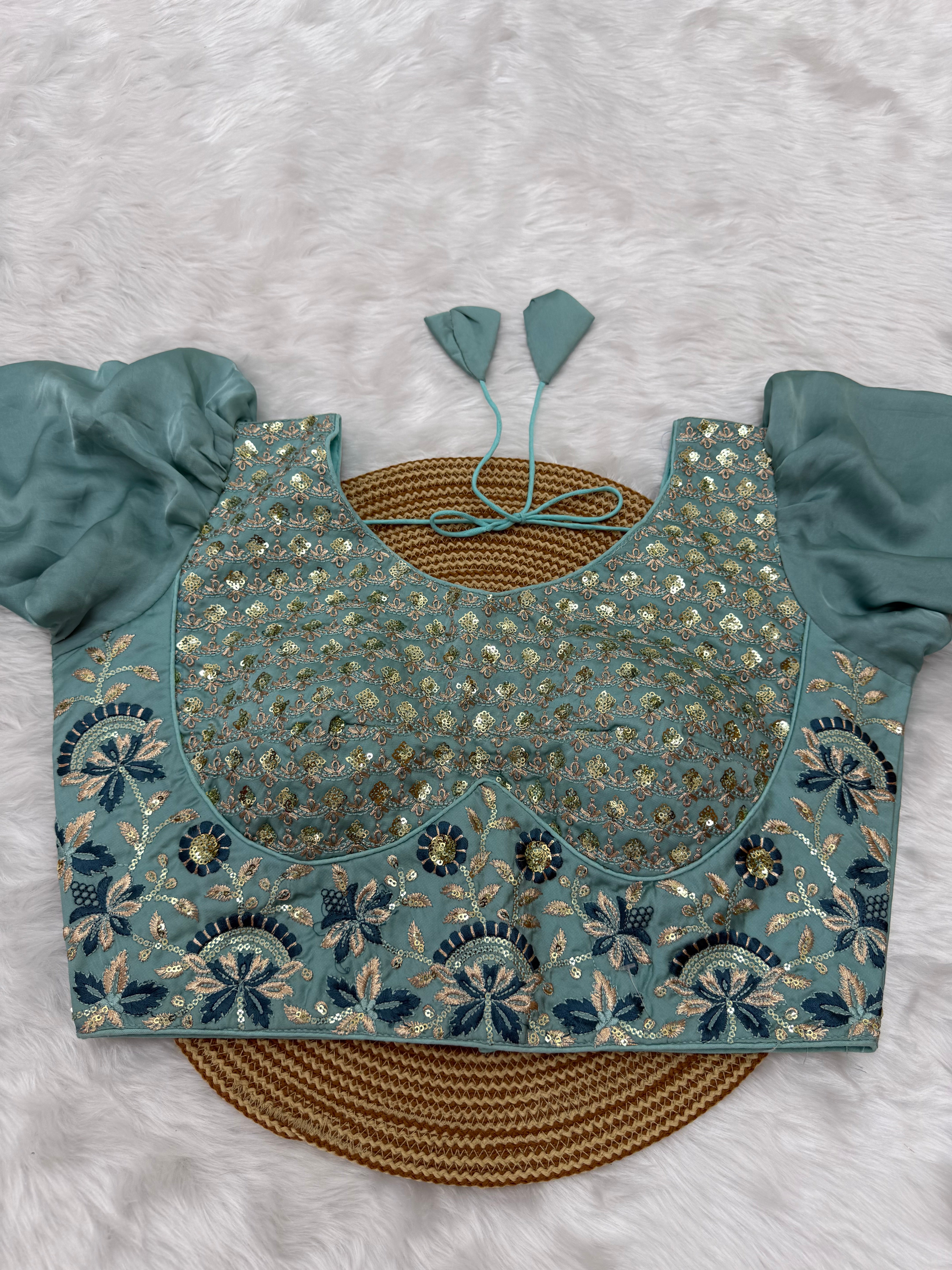 HEAVY EMBRO-SEQUIN WORK DESIGNER BLOUSE - TURQUOISE