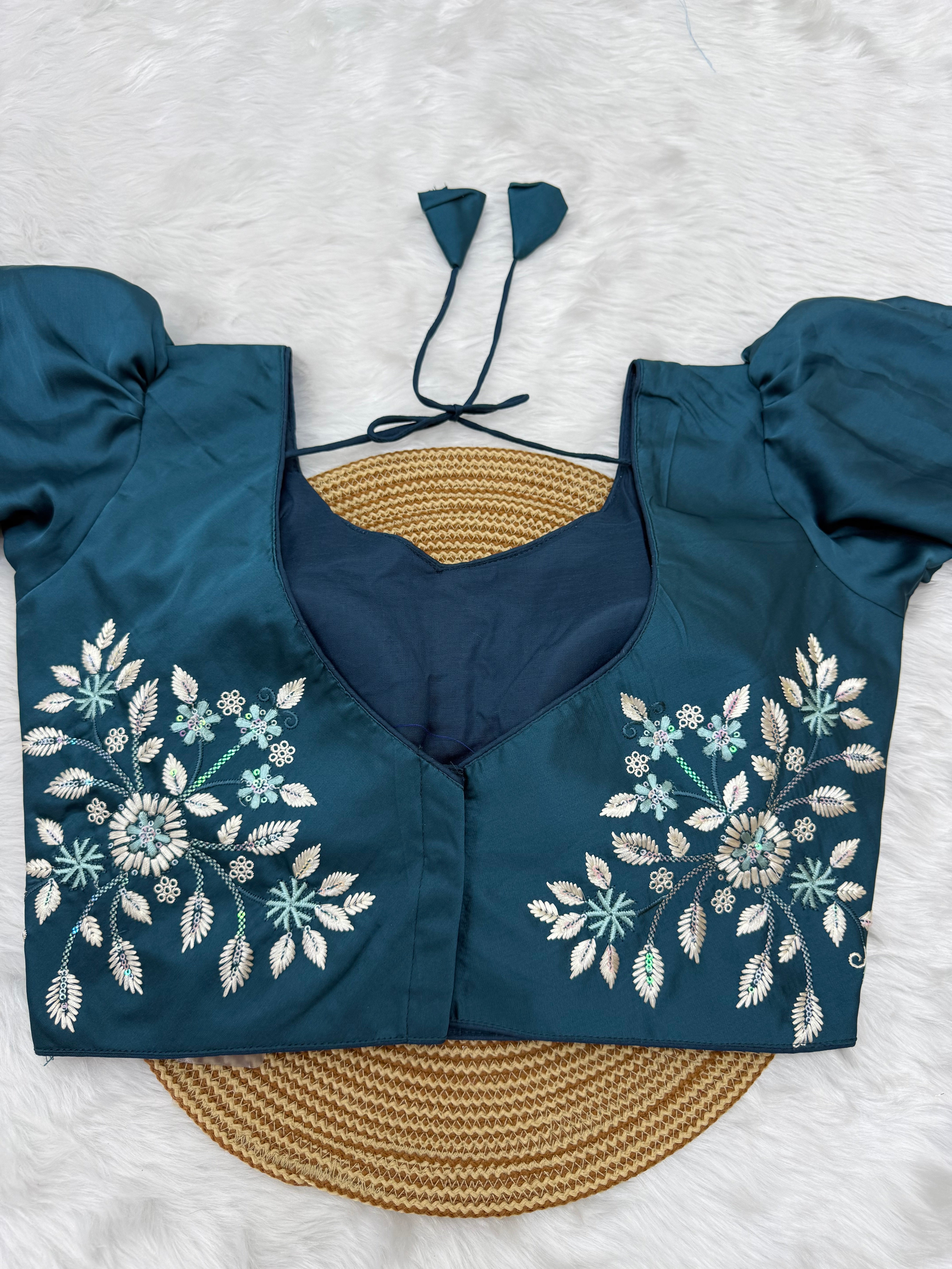 HEAVY EMBRO-SEQUIN WORK DESIGNER BLOUSE - TEAL BLUE