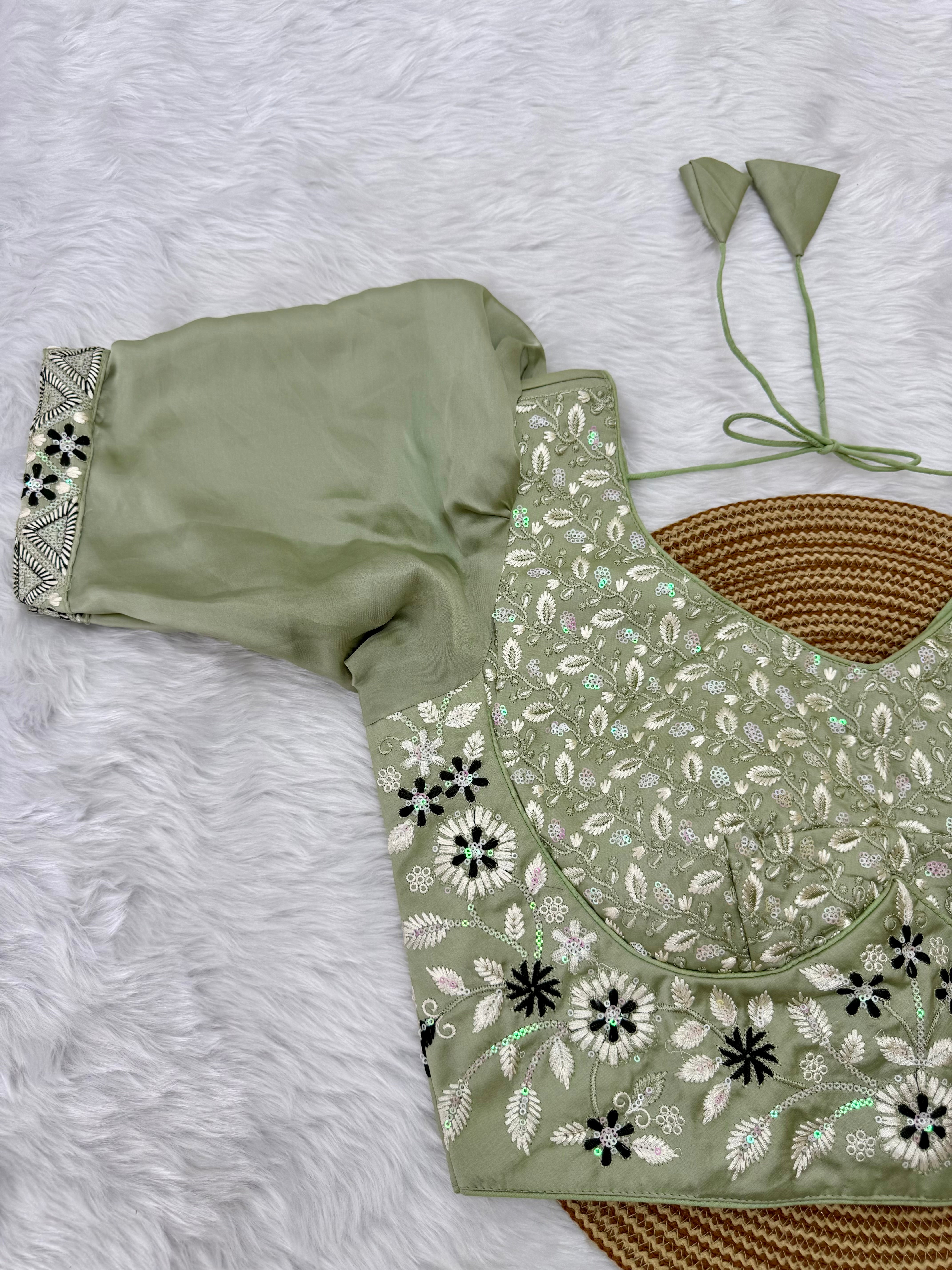 HEAVY EMBRO-SEQUIN WORK DESIGNER BLOUSE - PISTACHIO GREEN