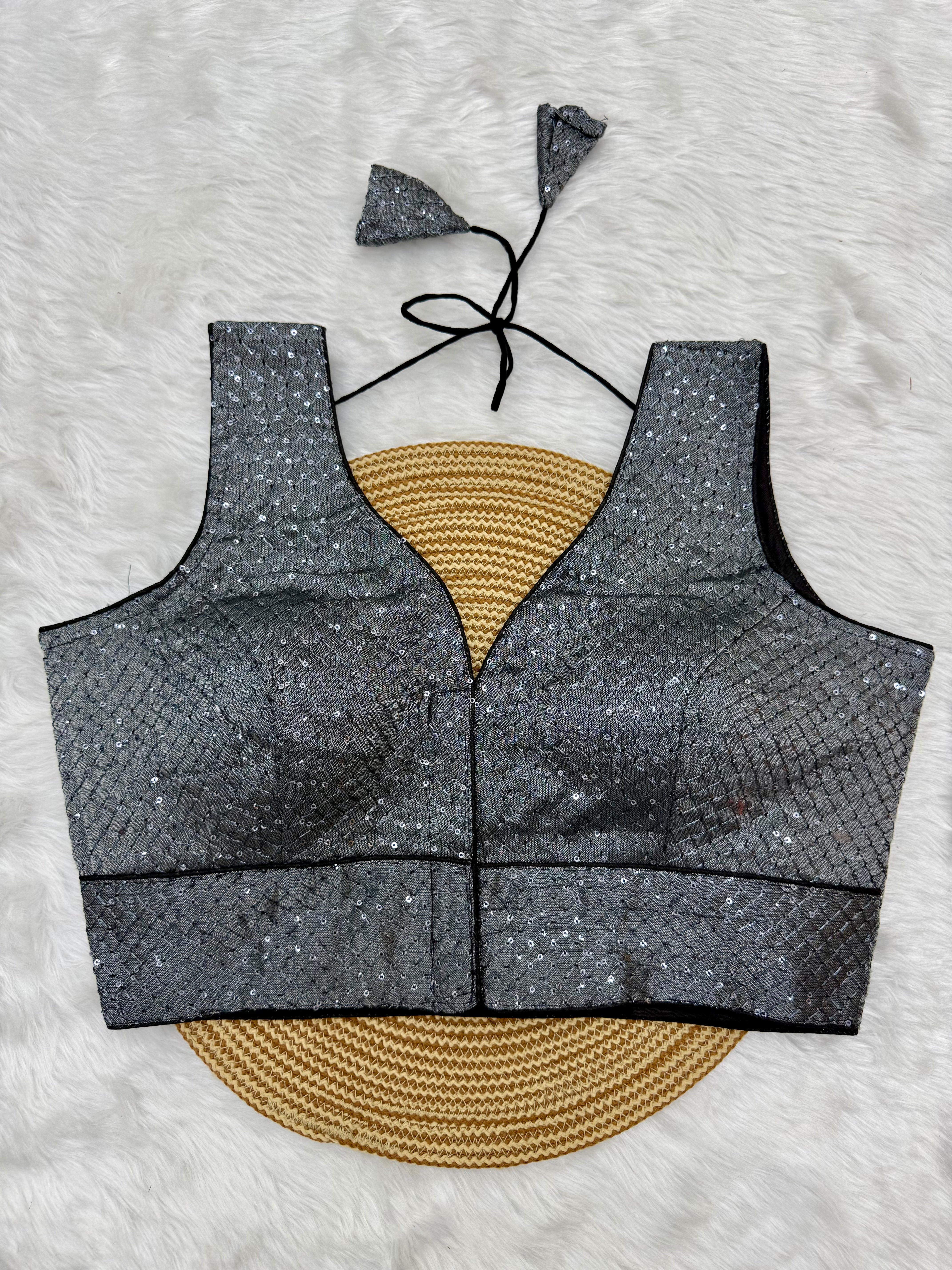 DESIGNER SEQUIN WORK SLEEVELESS BLOUSE - GREY
