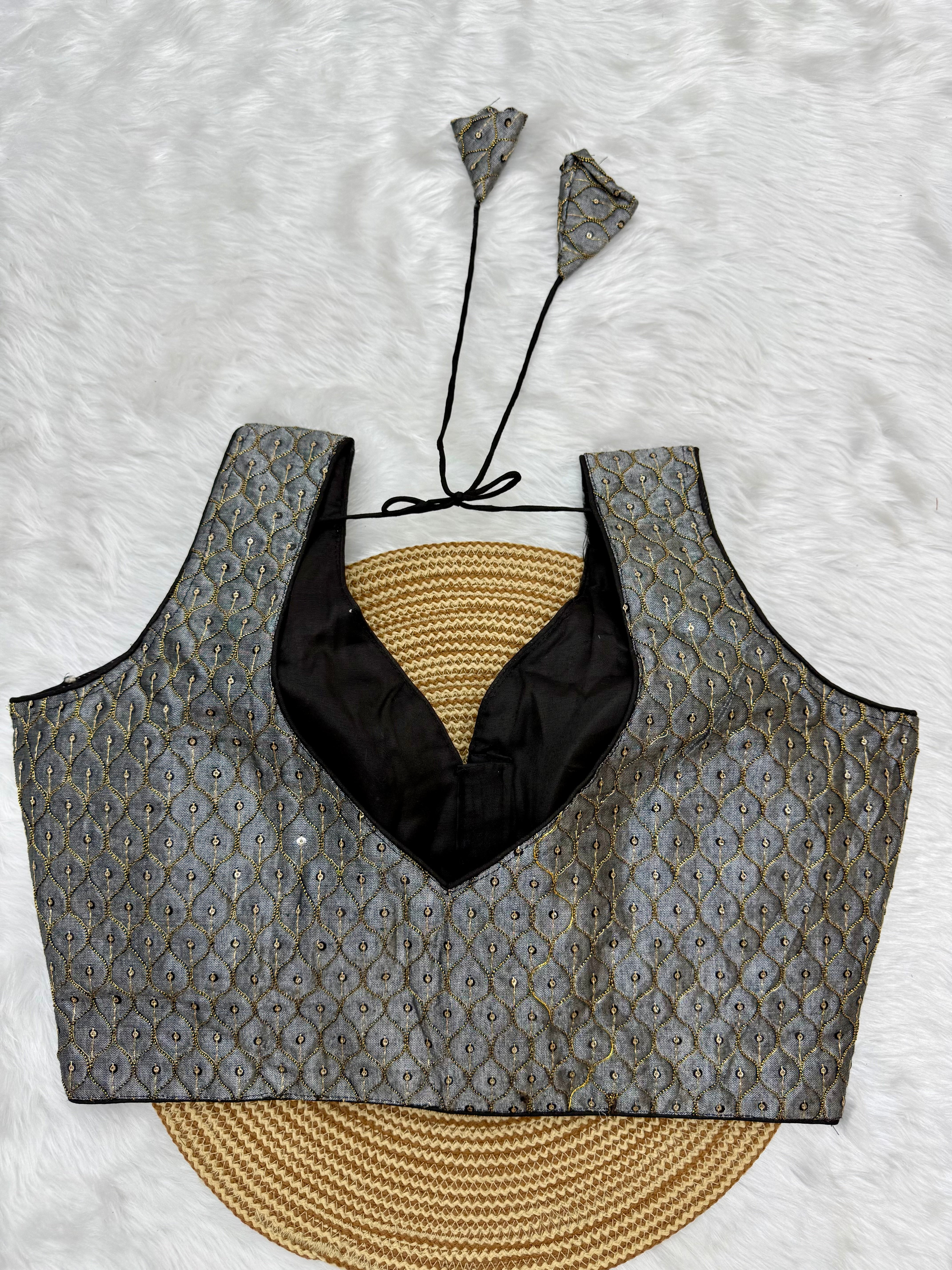 DESIGNER SEQUIN WORK SLEEVELESS BLOUSE - GREY