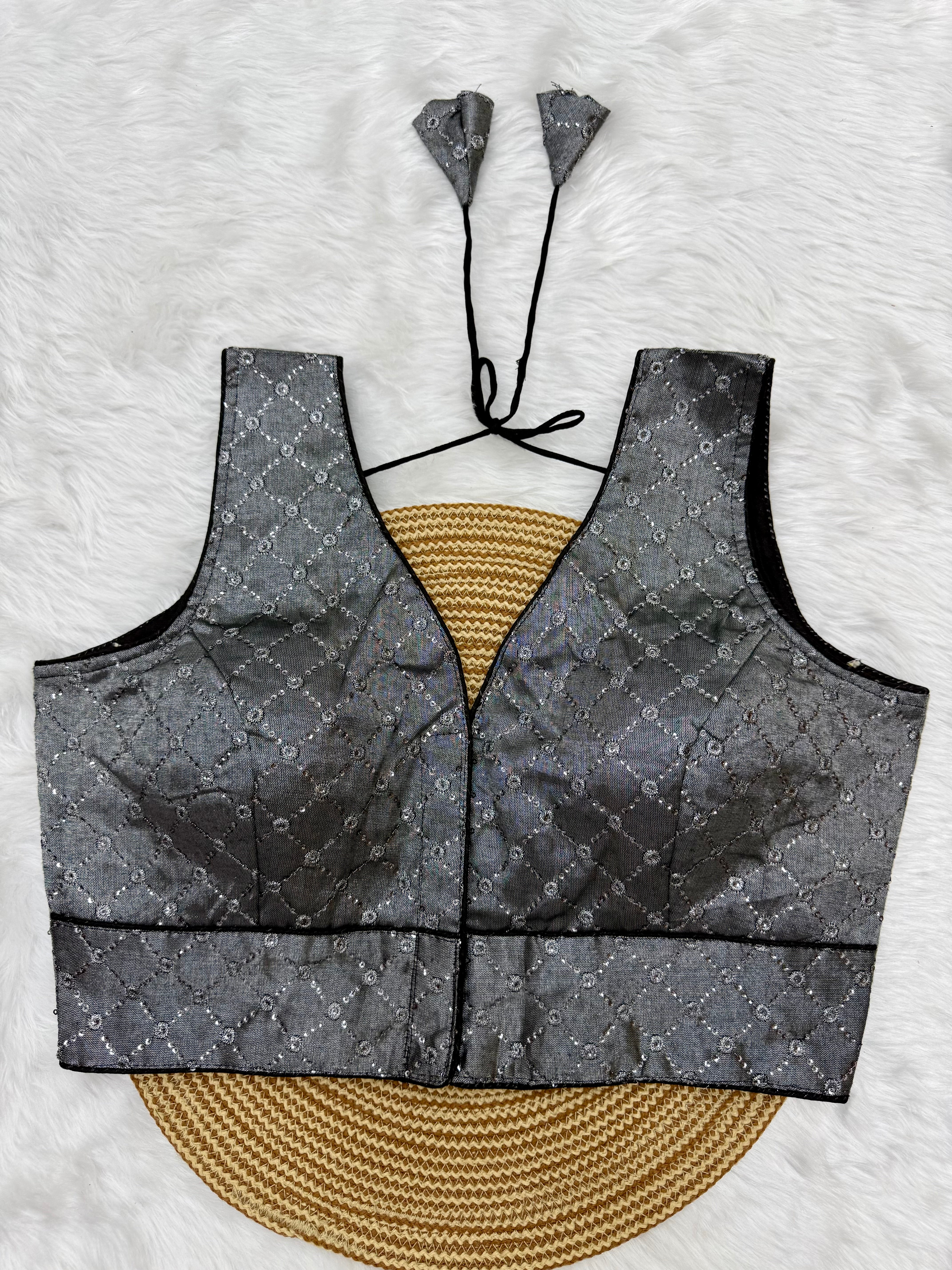 DESIGNER SEQUIN WORK SLEEVELESS BLOUSE - GREY
