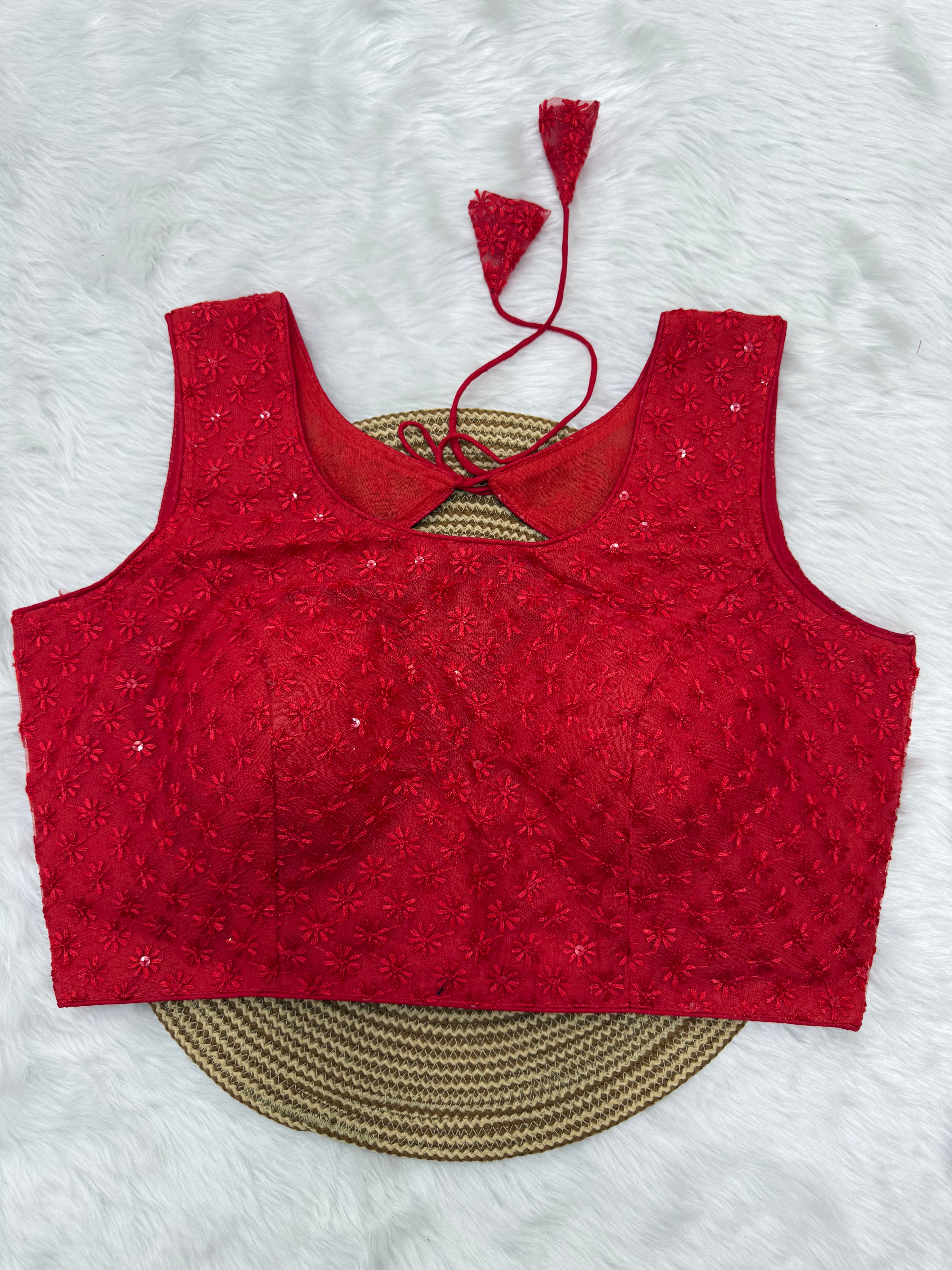 SLEEVELESS DESIGNER READYMADE BLOUSE - RED