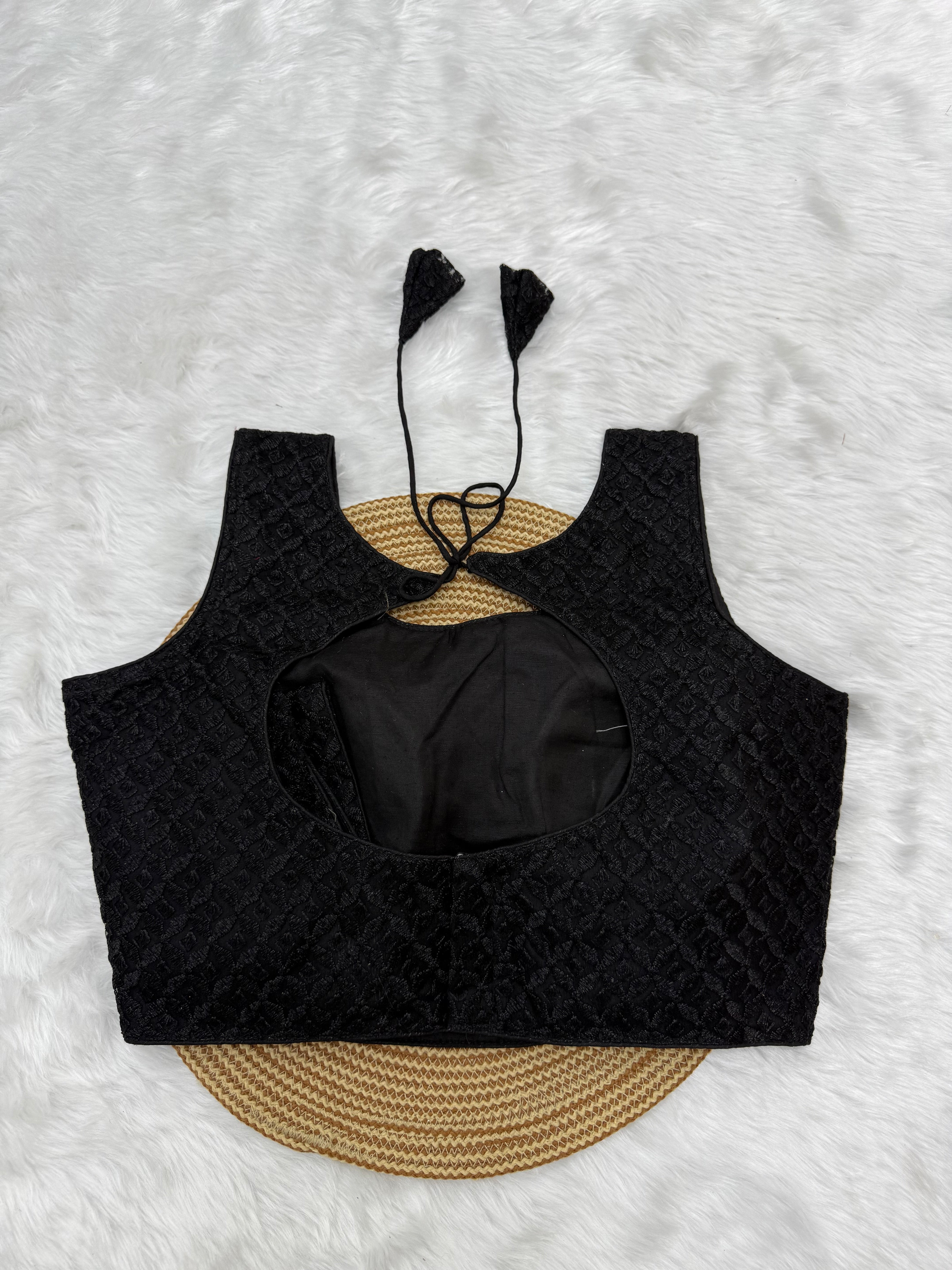 SLEEVELESS DESIGNER READYMADE BLOUSE - BLACK